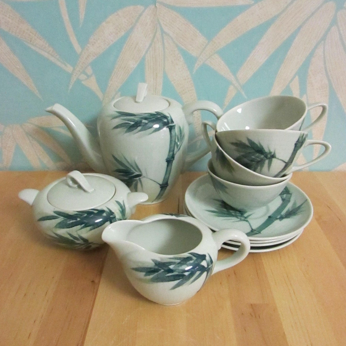 Vintage Celadon China hand-painted underglaze 'Bamboo' (no gold) teaset