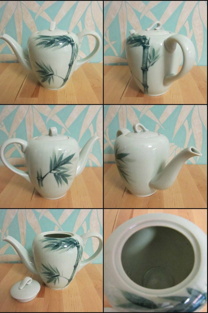 Vintage Celadon China hand-painted underglaze 'Bamboo' (no gold) teaset