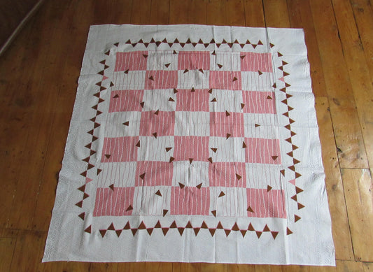 Vintage coral & white check tablecloth with contrast maroon bunting-type border