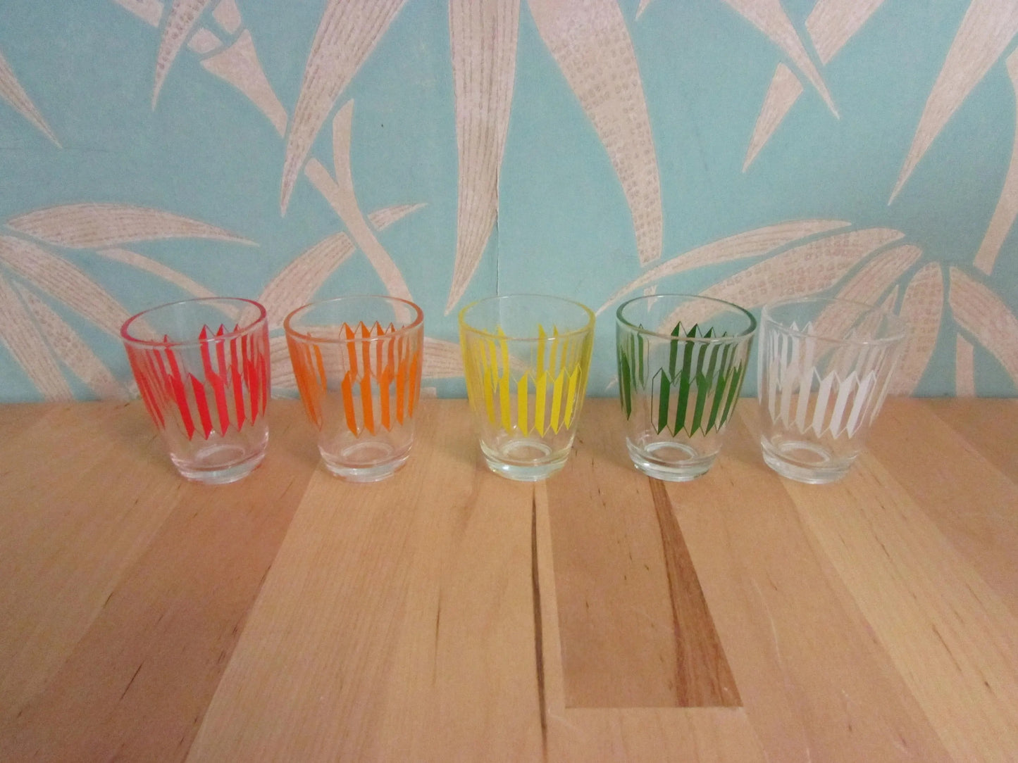 Set of 5 1960s multicoloured geometric pattern shot glasses