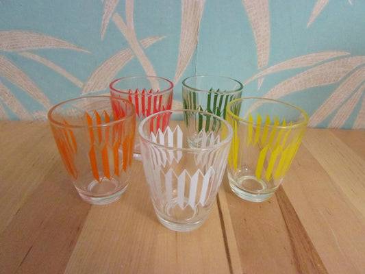 Set of 5 1960s multicoloured geometric pattern shot glasses