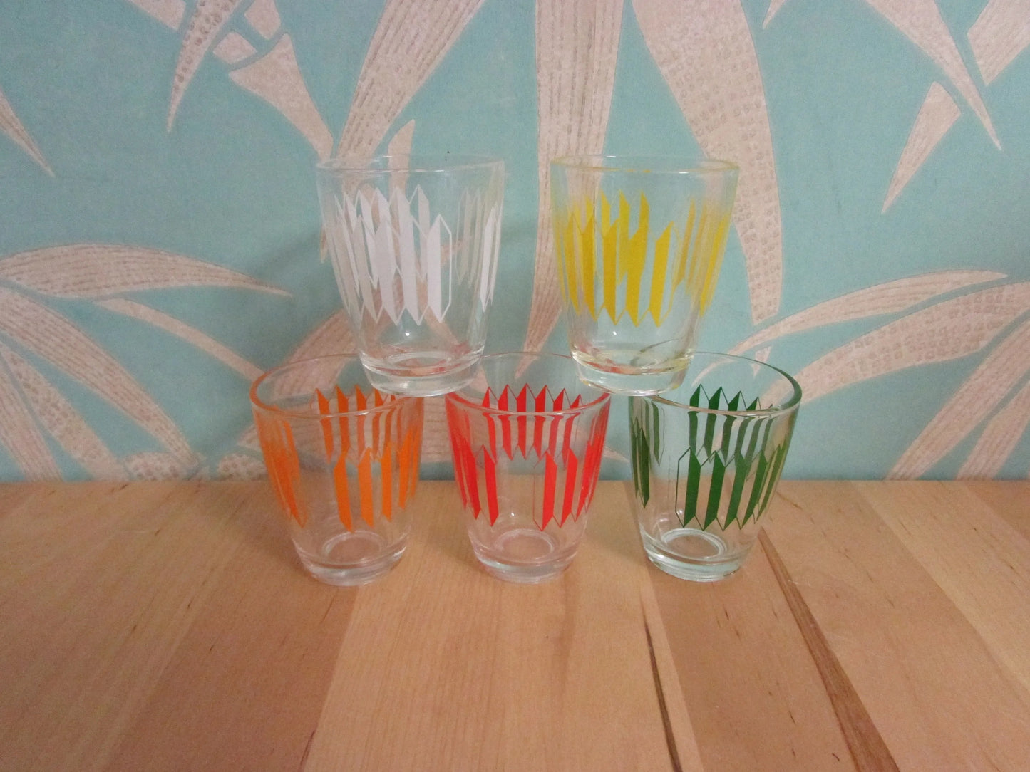Set of 5 1960s multicoloured geometric pattern shot glasses