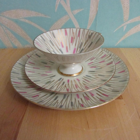 1950s Schumann Arzberg Bavaria porcelain , atomic gold zigzag pattern with pink & grey contrast