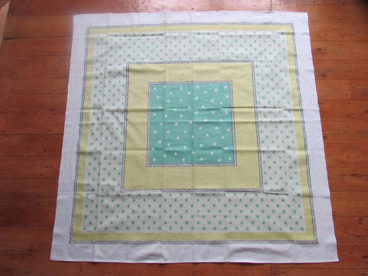 Vintage white, lemon yellow, & peppermint green tablecloth with contrast star motif