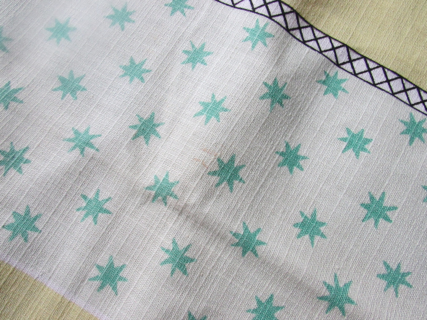 Vintage white, lemon yellow, & peppermint green tablecloth with contrast star motif