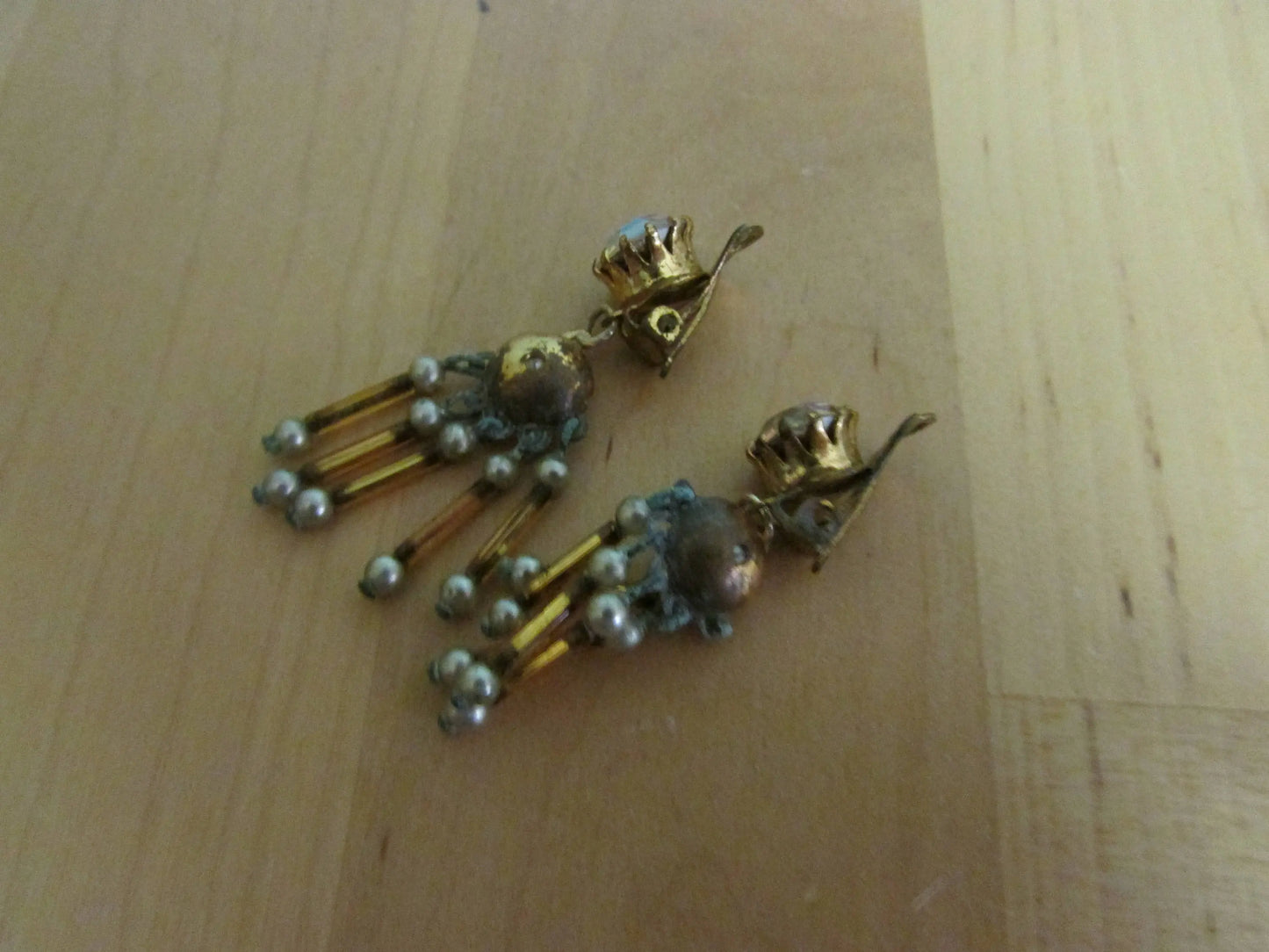 Vintage rhinestone & bugle bead drop clip-on earrings