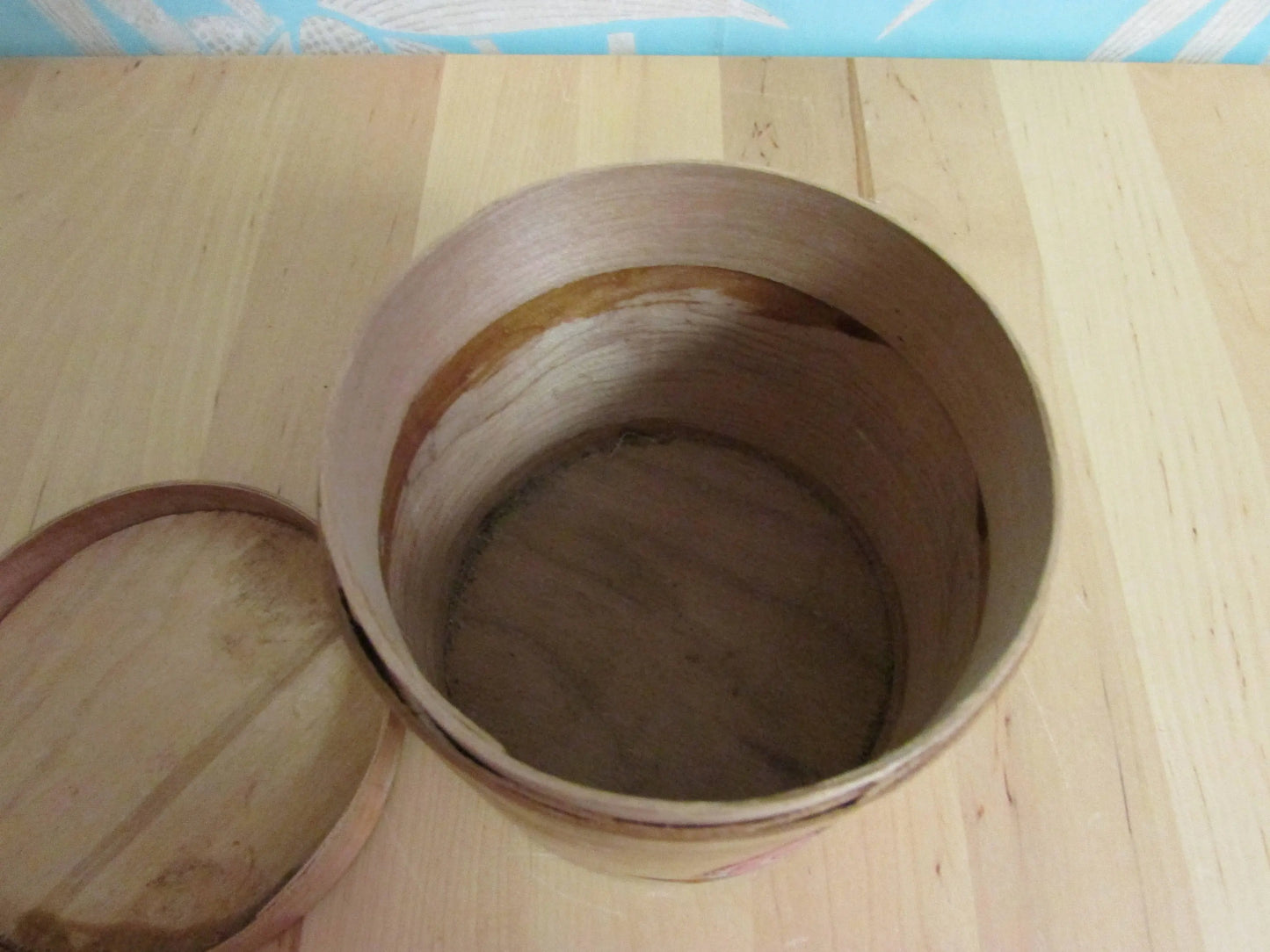 1940s/50s lidded bamboo pot, hand-painted pink crinoline lady