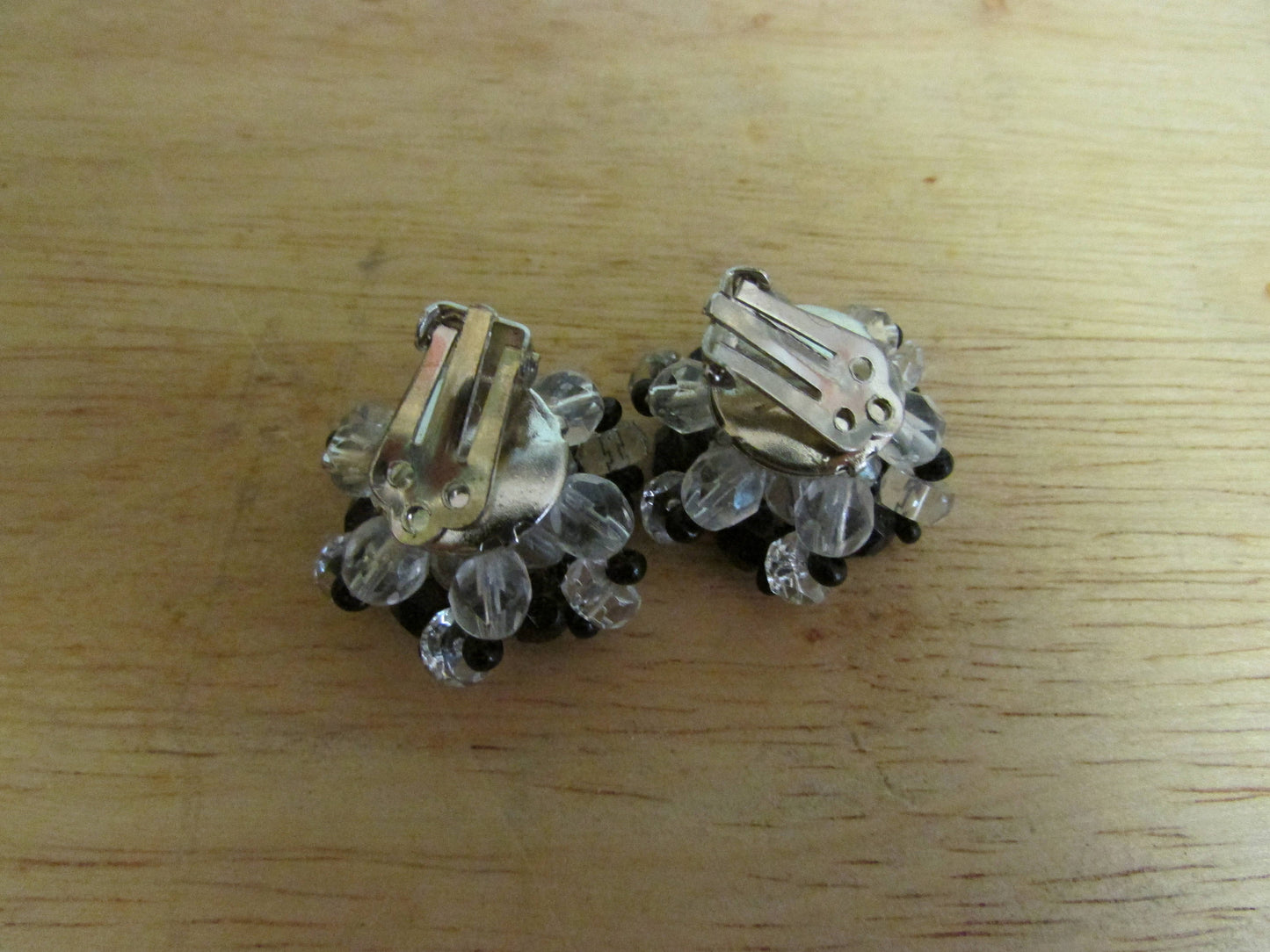 Vintage black & clear glass clustered bead clip-on earrings