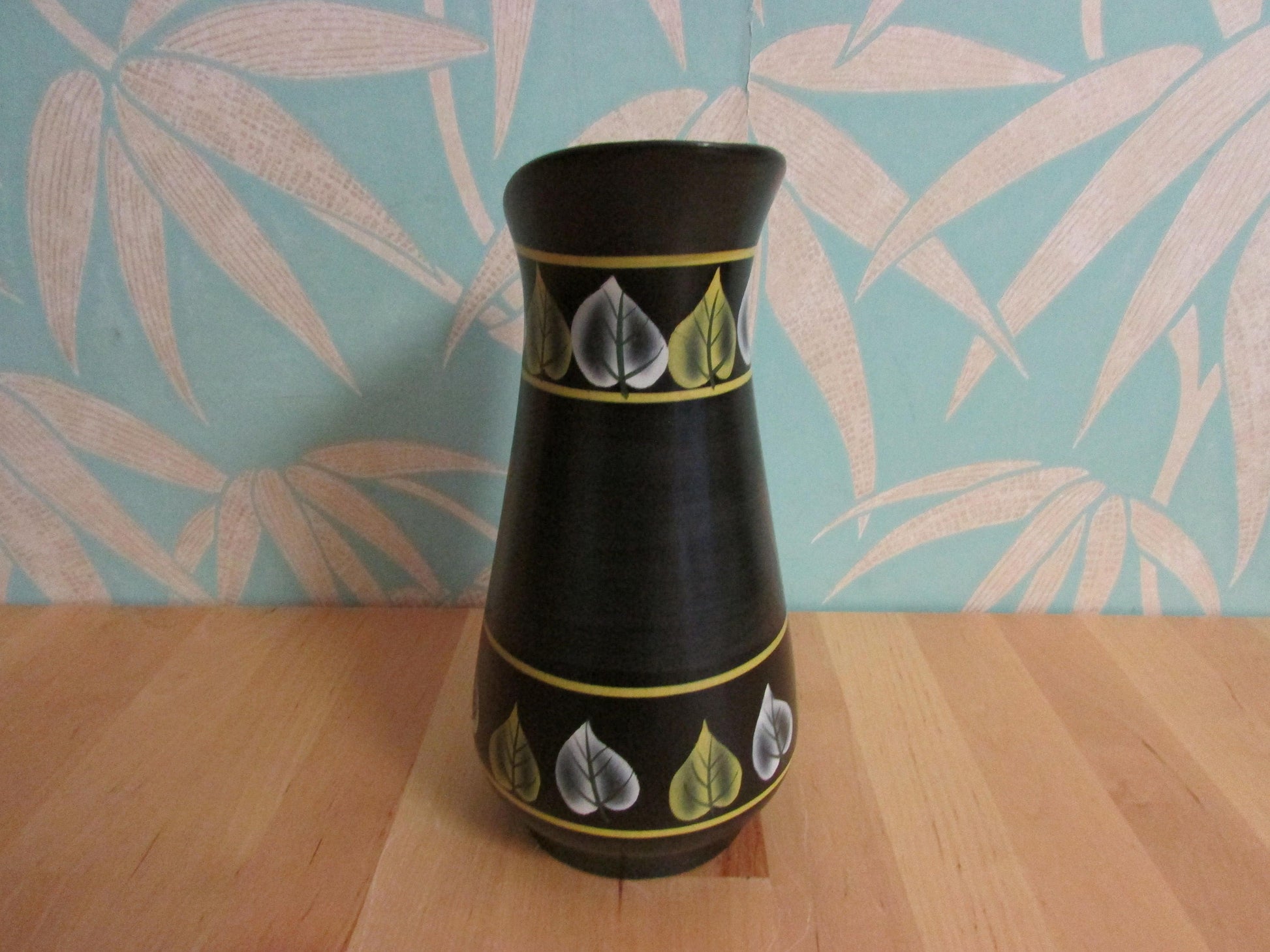 Vintage Ranleigh Ware Ercall black ceramic hand-painted pitcher/jug with contrast colour leaf print