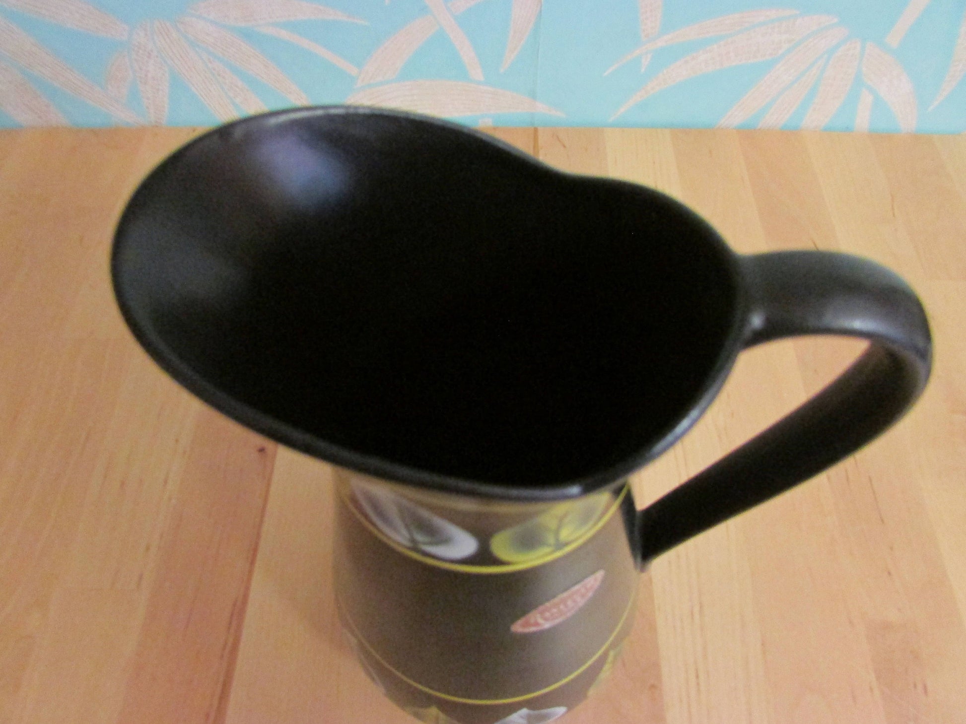 Vintage Ranleigh Ware Ercall black ceramic hand-painted pitcher/jug with contrast colour leaf print
