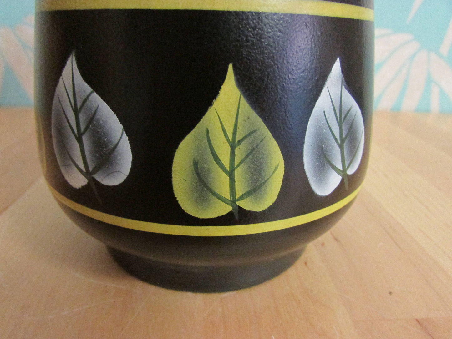 Vintage Ranleigh Ware Ercall black ceramic hand-painted pitcher/jug with contrast colour leaf print