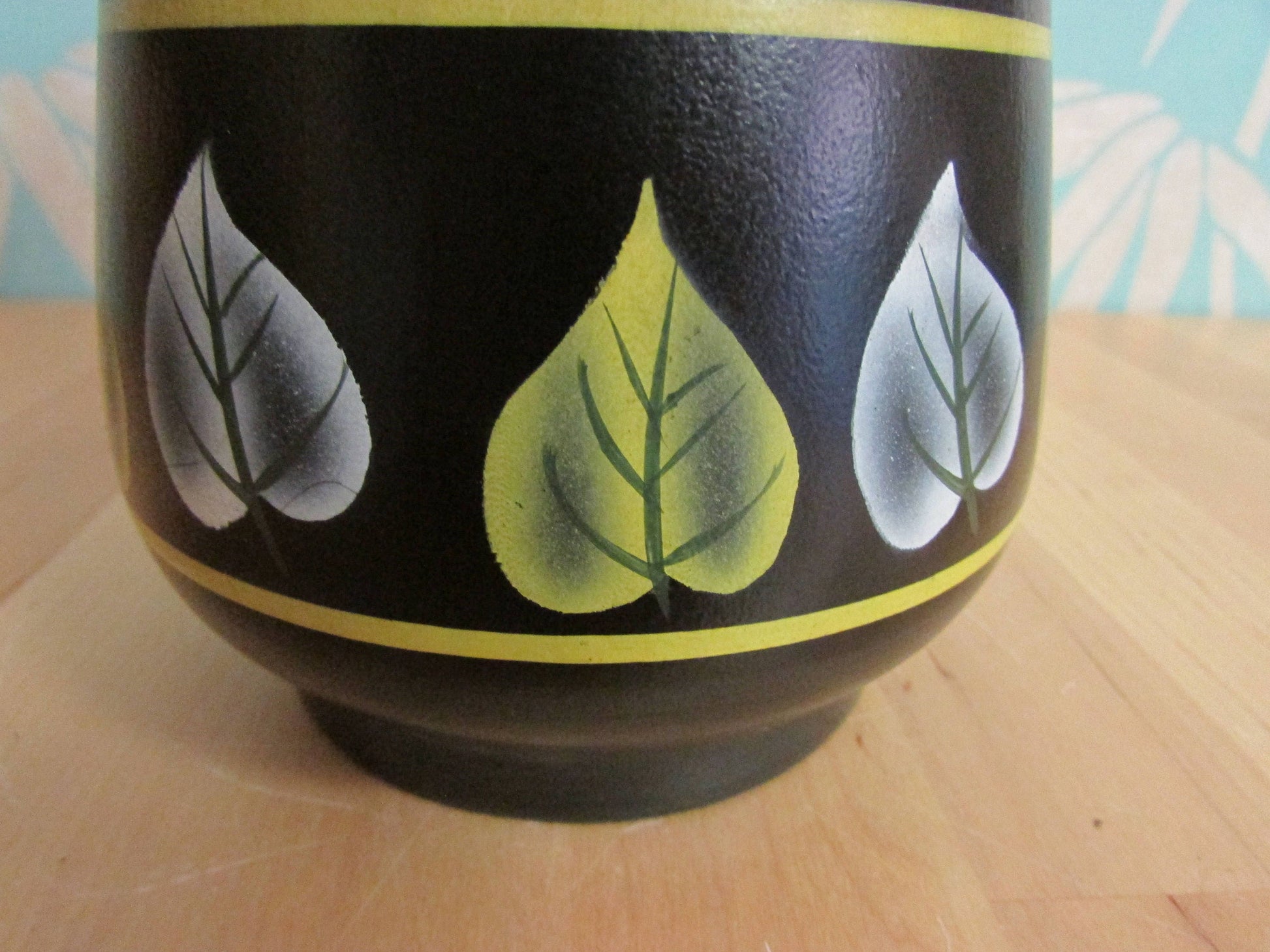 Vintage Ranleigh Ware Ercall black ceramic hand-painted pitcher/jug with contrast colour leaf print
