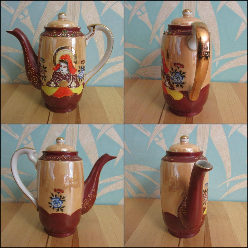 Delicate 1930s hand-painted Japanese Samurai tea set with koro