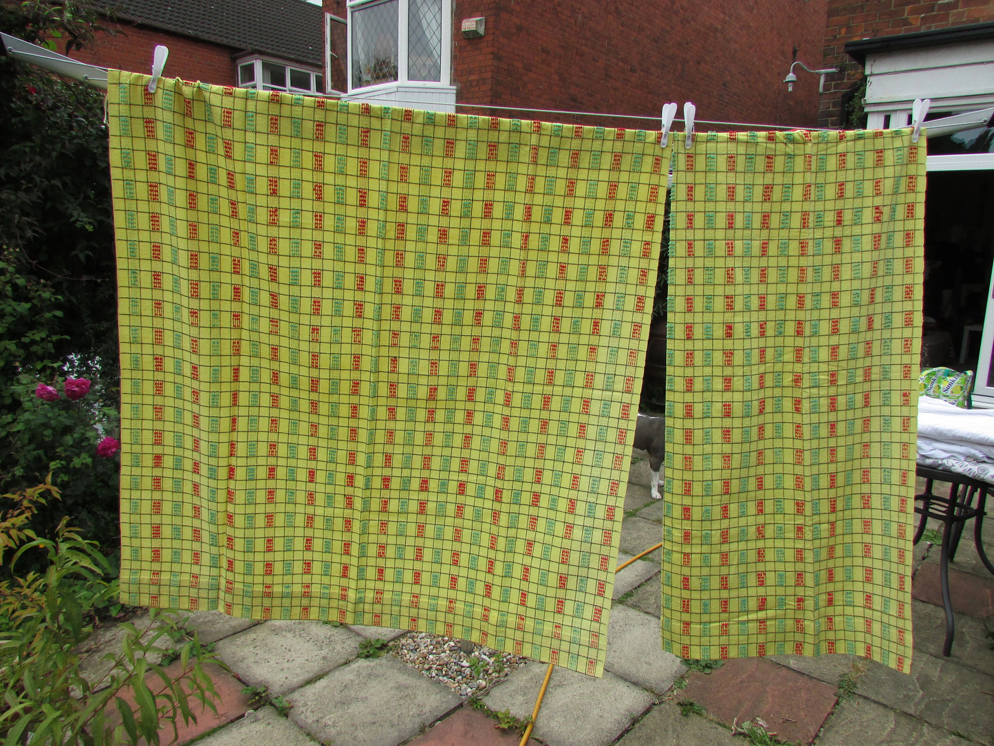 Pair of vintage yellow, green & red checked embroidered barkcloth curtains, 42" x 47"