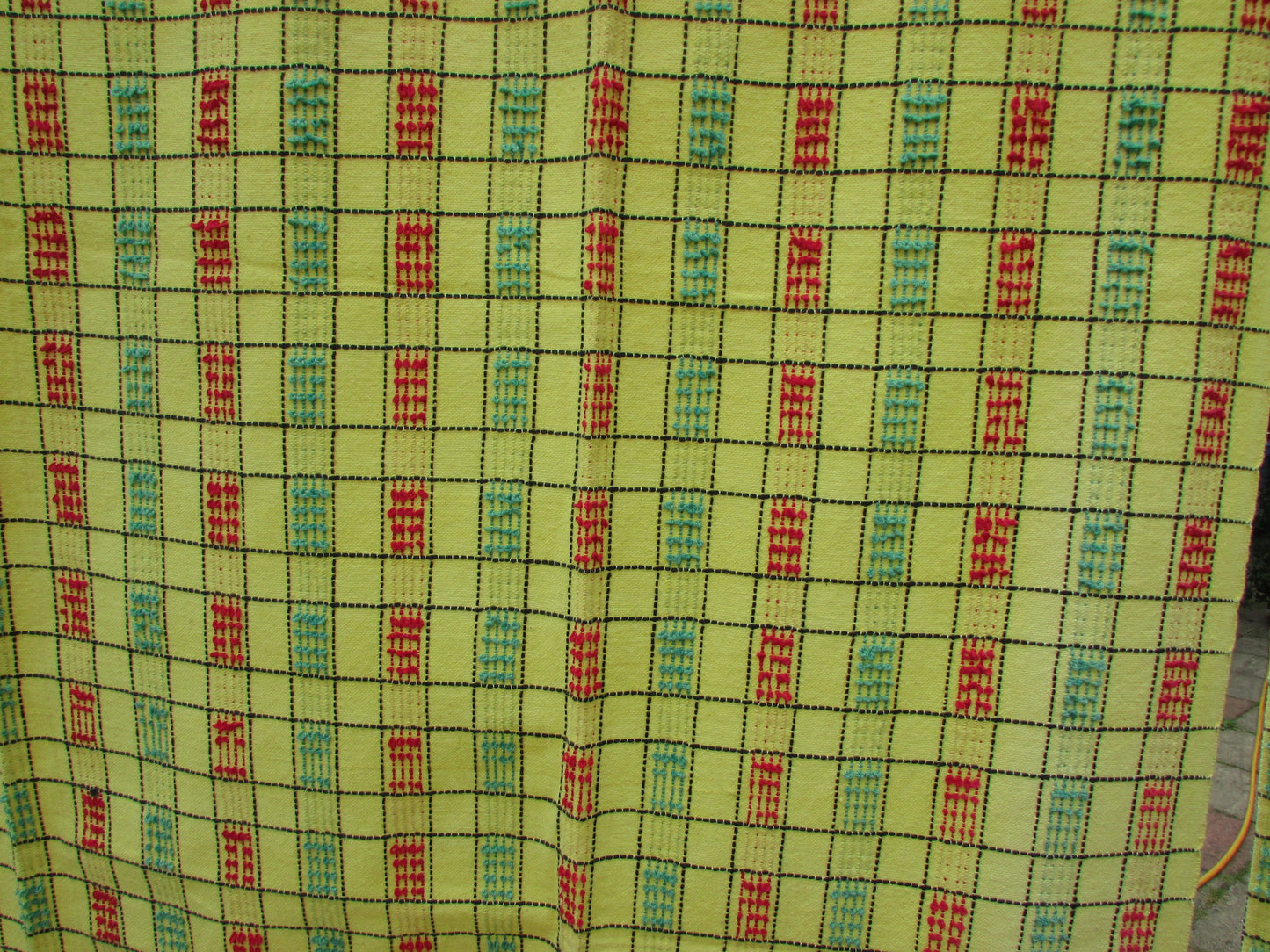 Pair of vintage yellow, green & red checked embroidered barkcloth curtains, 42" x 47"