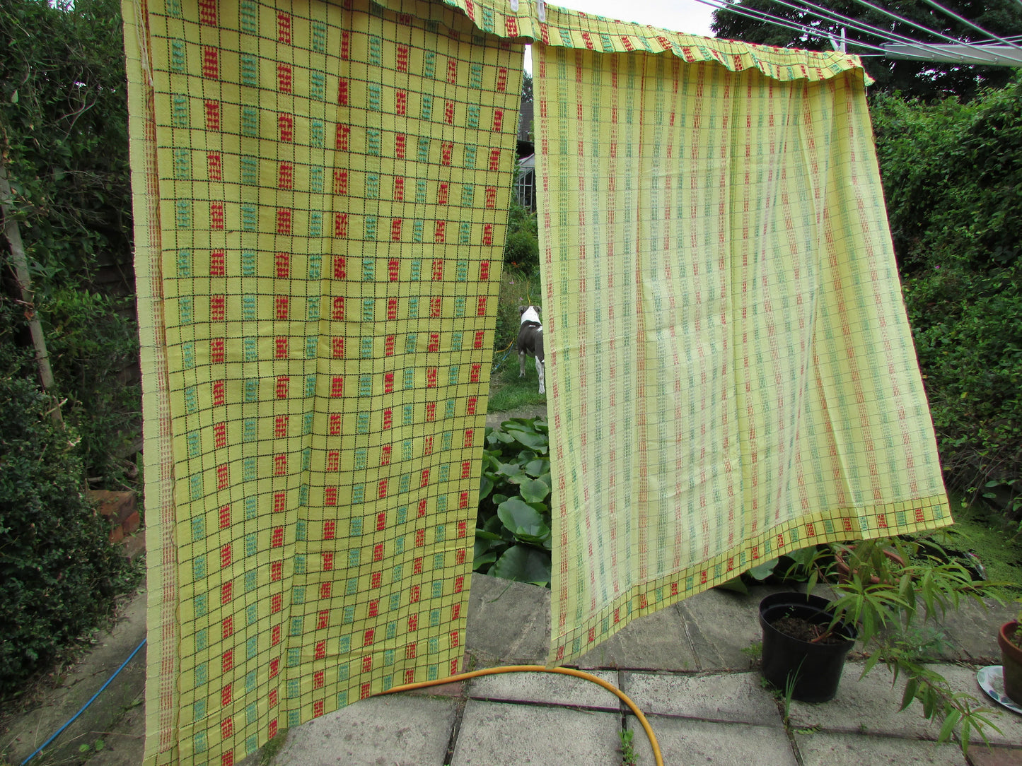 Pair of vintage yellow, green & red checked embroidered barkcloth curtains, 42" x 47"