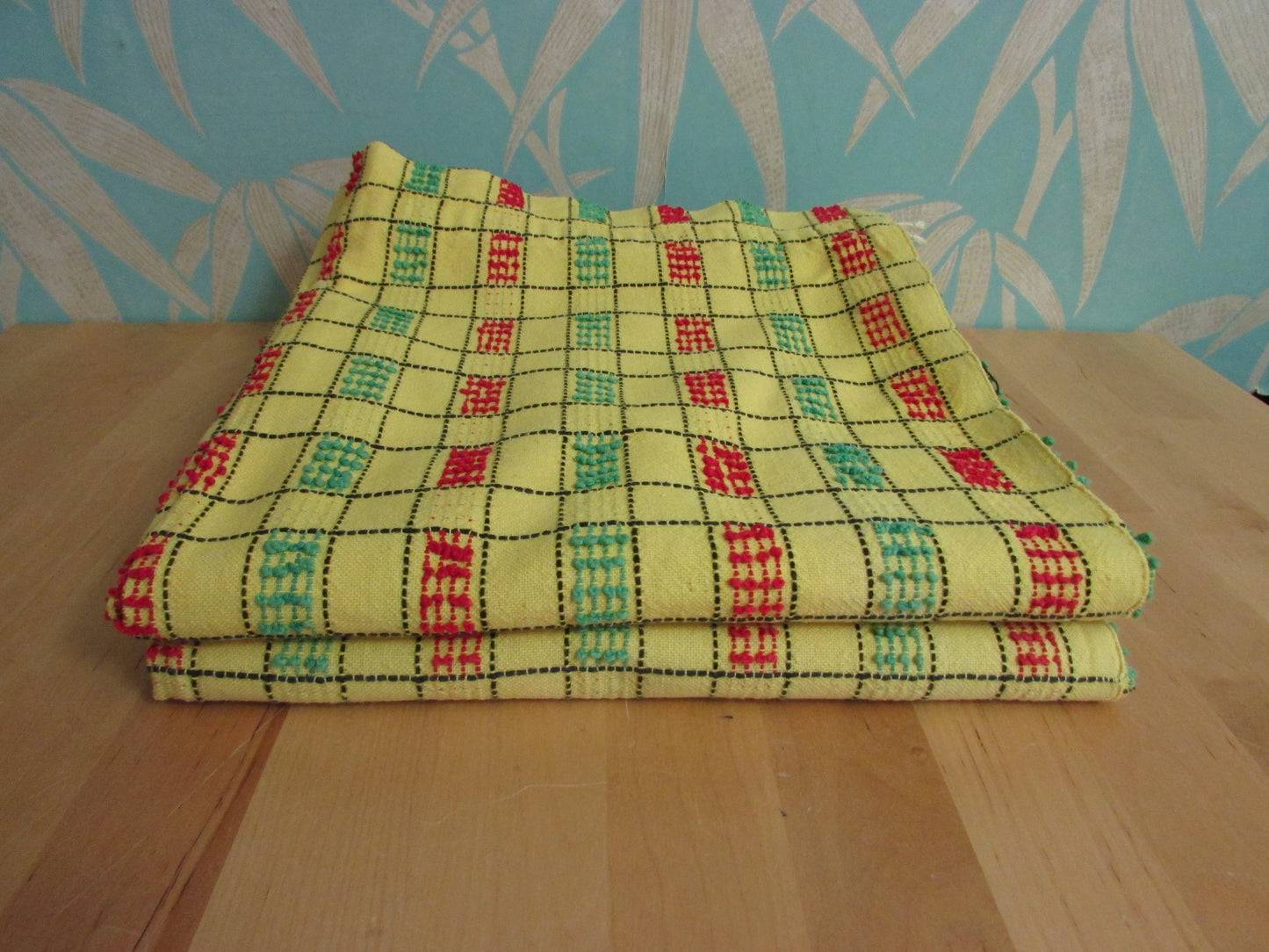 Pair of vintage yellow, green & red checked embroidered barkcloth curtains, 42" x 47"