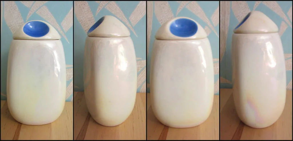 Three mid-century Romanian lustred ceramic storage caddies with contrast colour 'pinched' lids