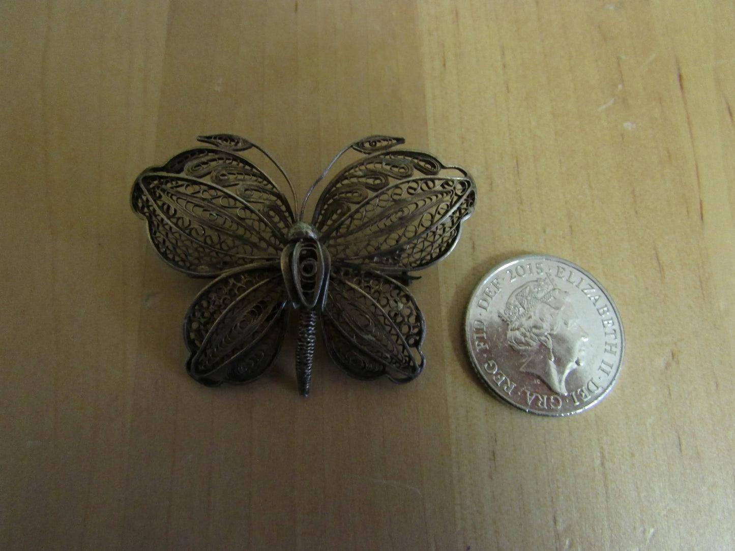 Early 19th-century sterling silver filigree/lace butterfly brooch, stamped
