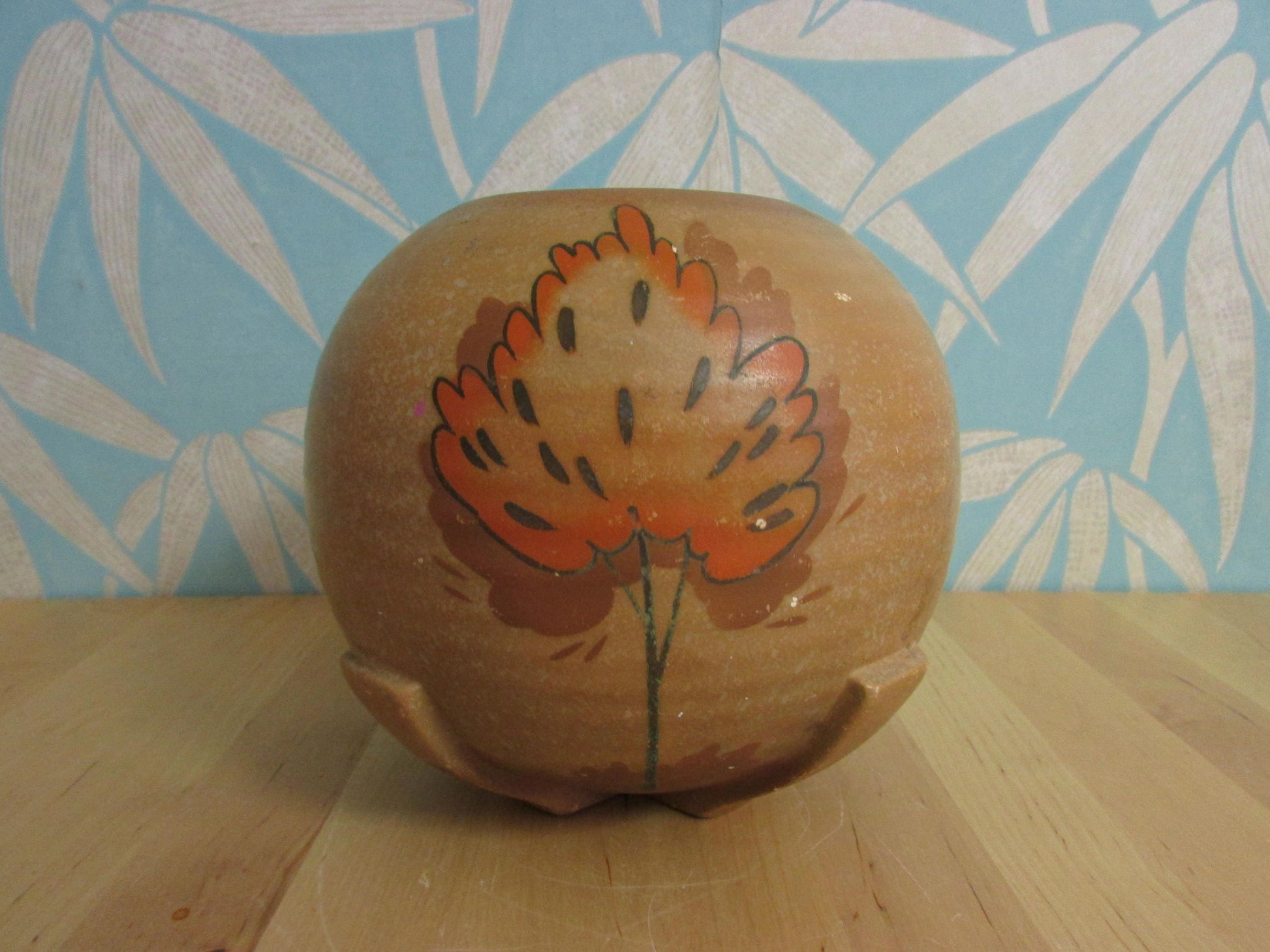 Art Deco Myott-style ceramic ribbed orb/ball vase, autumnal coloured tree detail