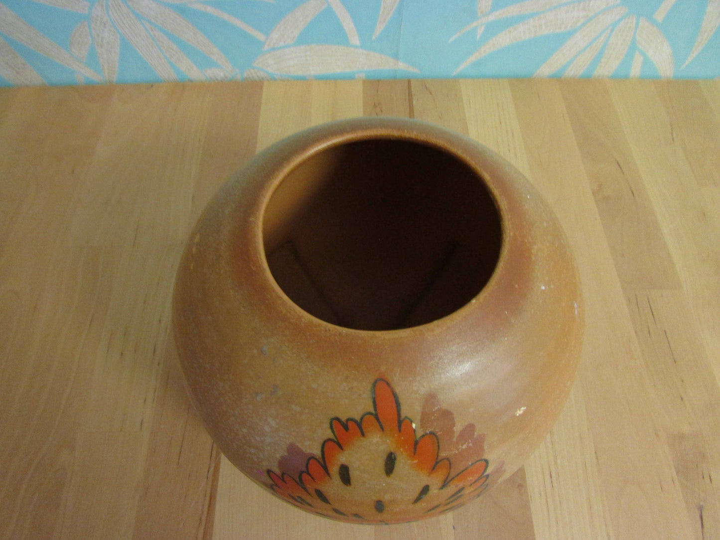 Art Deco Myott-style ceramic ribbed orb/ball vase, autumnal coloured tree detail