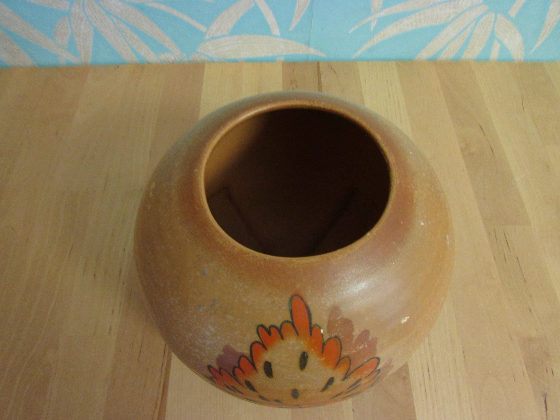 Art Deco Myott-style ceramic ribbed orb/ball vase, autumnal coloured tree detail