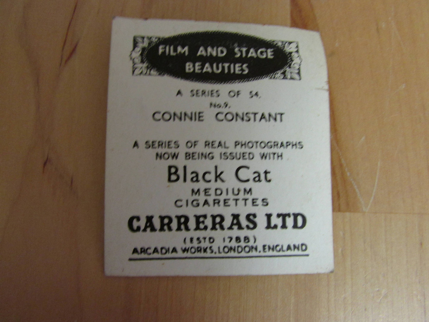Two collectable Black Cat cigarette cards from Film & Stage Beauties series - Judy Puck, and Connie Constant