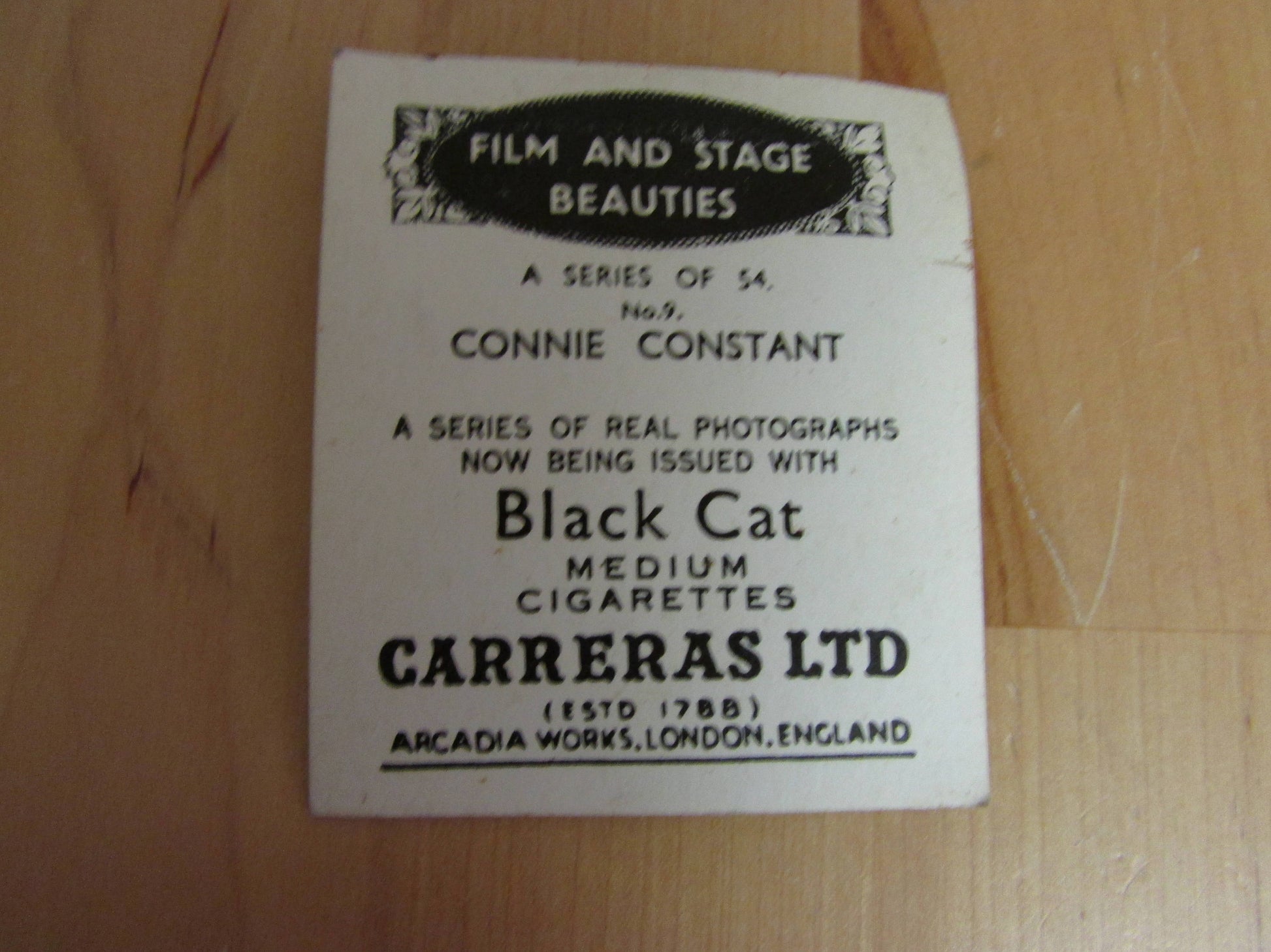 Two collectable Black Cat cigarette cards from Film & Stage Beauties series - Judy Puck, and Connie Constant
