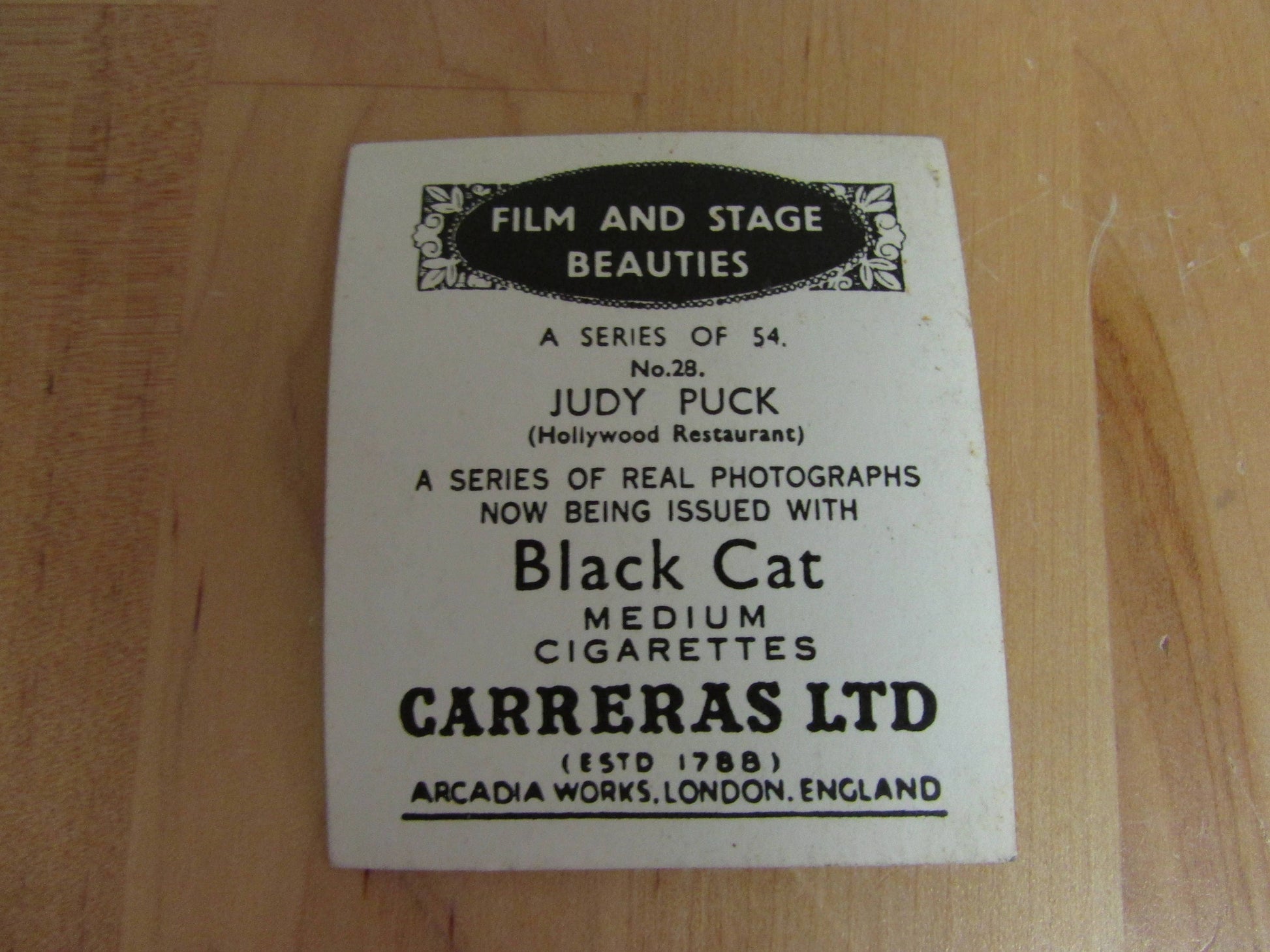 Two collectable Black Cat cigarette cards from Film & Stage Beauties series - Judy Puck, and Connie Constant