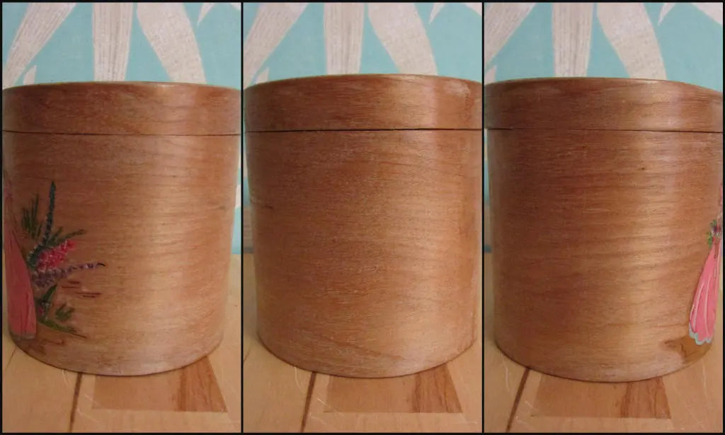 1940s/50s lidded bamboo pot, hand-painted pink crinoline lady