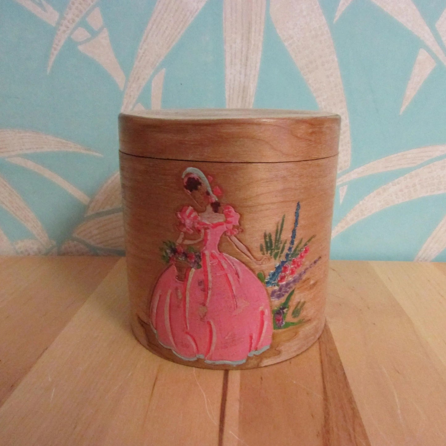 1940s/50s lidded bamboo pot, hand-painted pink crinoline lady