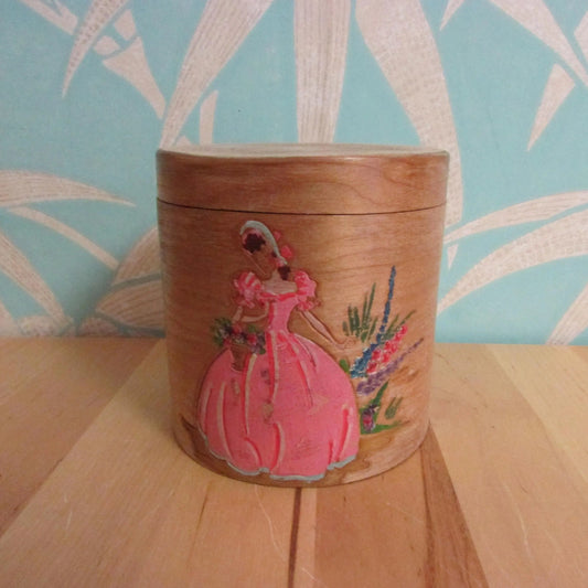 1940s/50s lidded bamboo pot, hand-painted pink crinoline lady