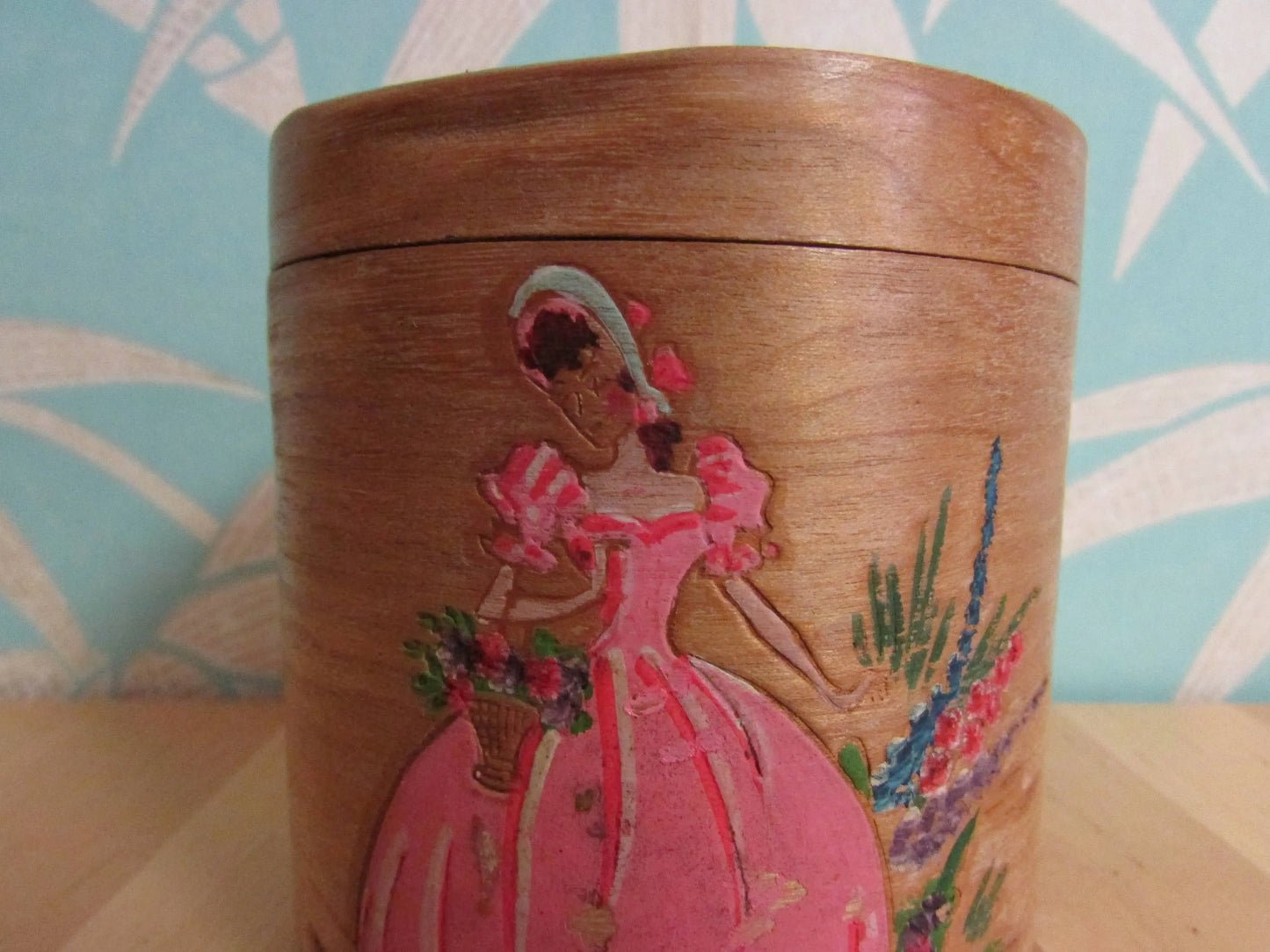 1940s/50s lidded bamboo pot, hand-painted pink crinoline lady