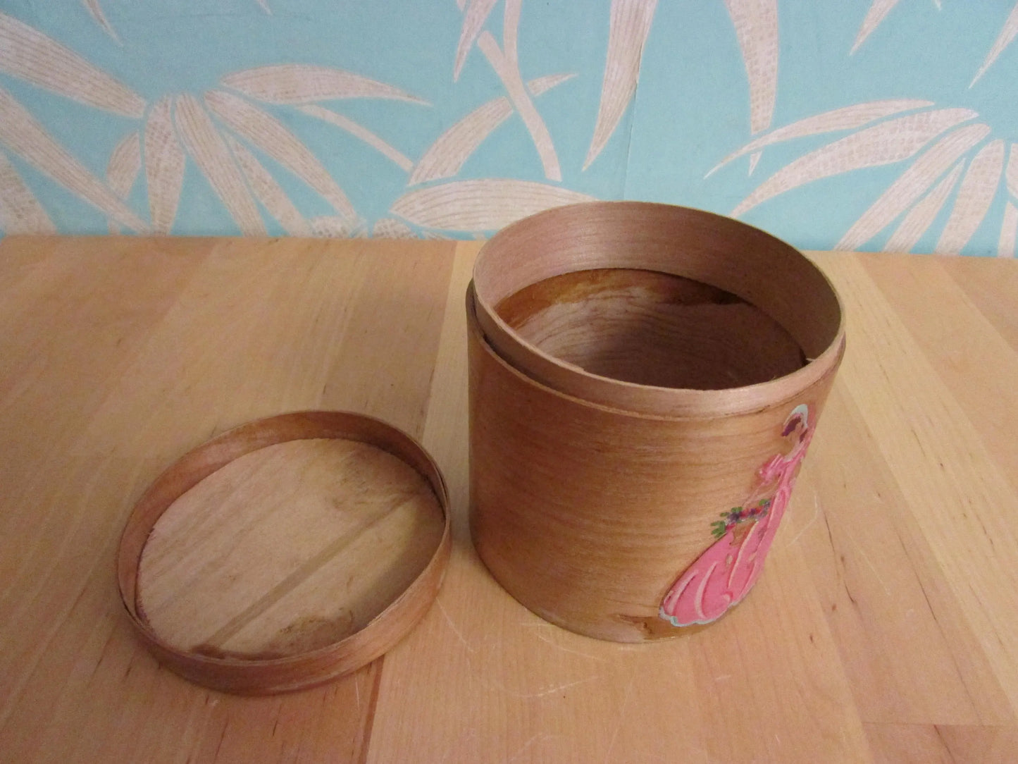 1940s/50s lidded bamboo pot, hand-painted pink crinoline lady
