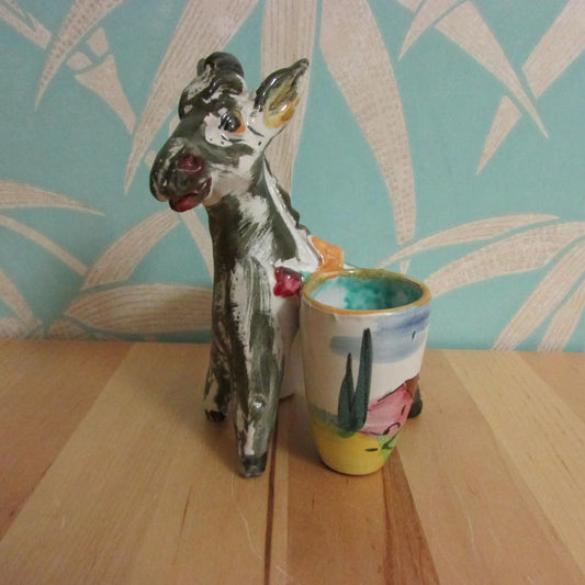 Mid-century hand-painted porcelain donkey twin planter, made in Italy