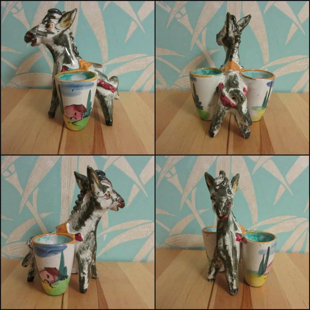 Mid-century hand-painted porcelain donkey twin planter, made in Italy