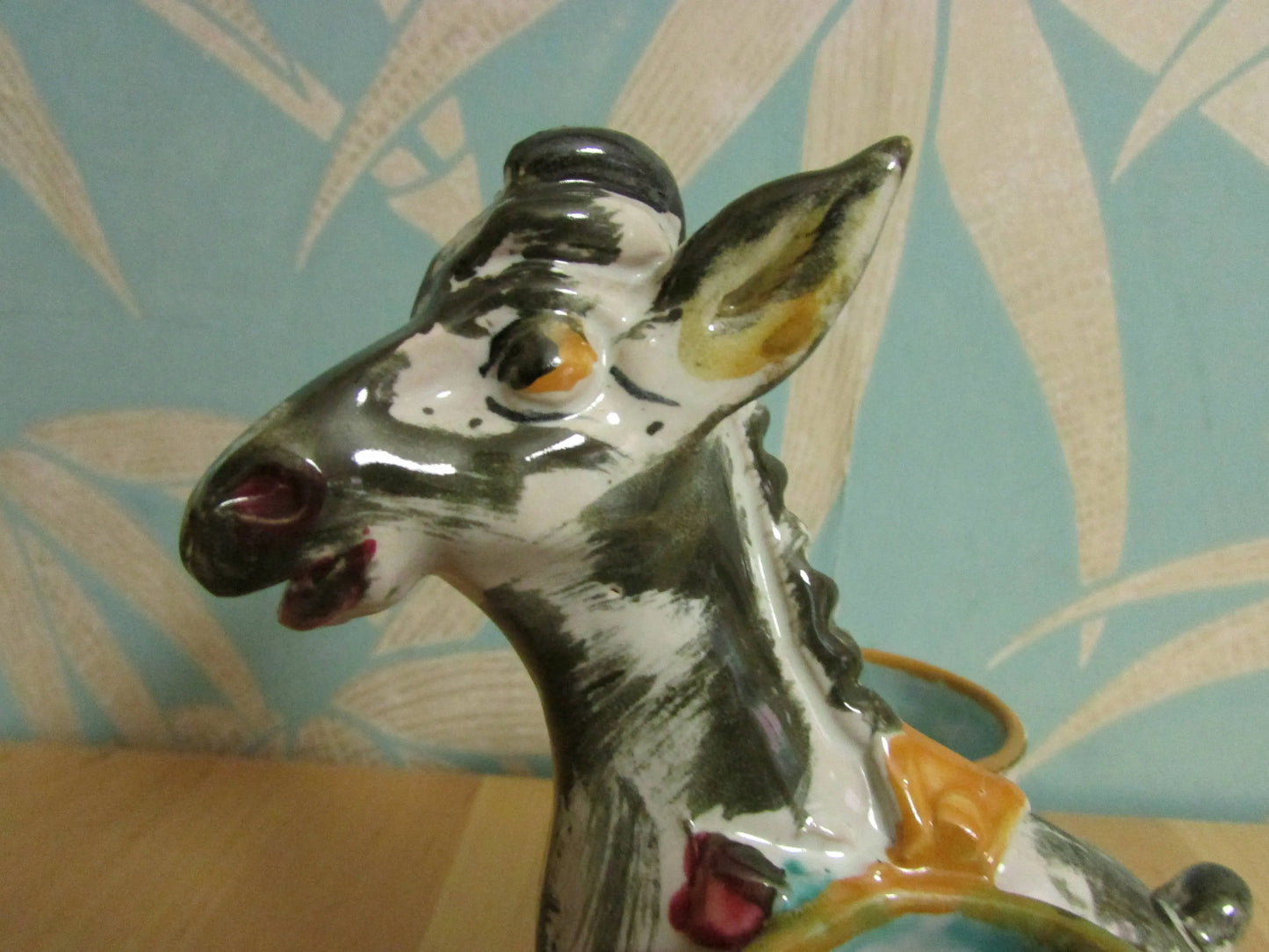 Mid-century hand-painted porcelain donkey twin planter, made in Italy