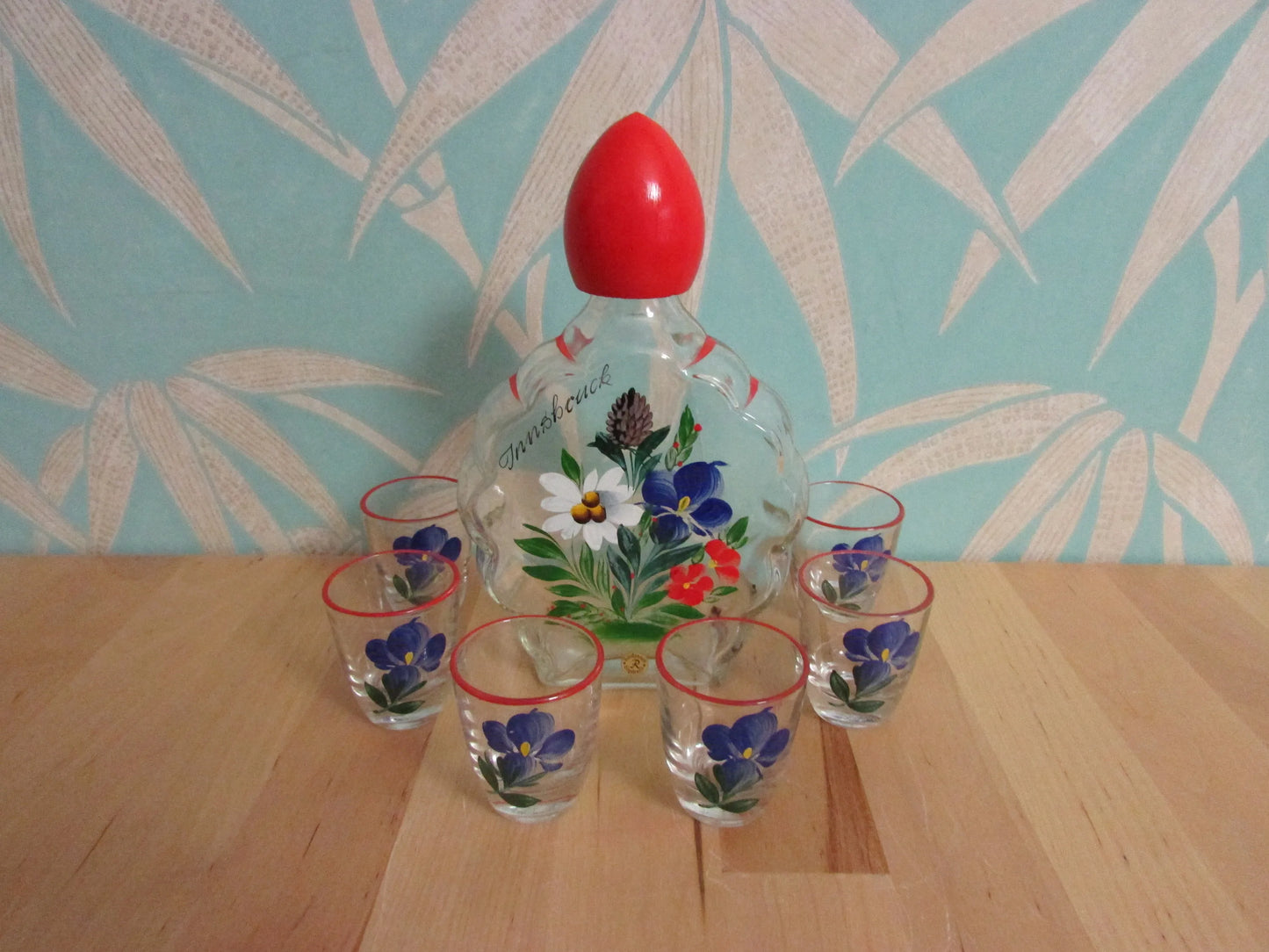 1960s/70s Innsbruck Austria hand-painted glass decanter set, original box