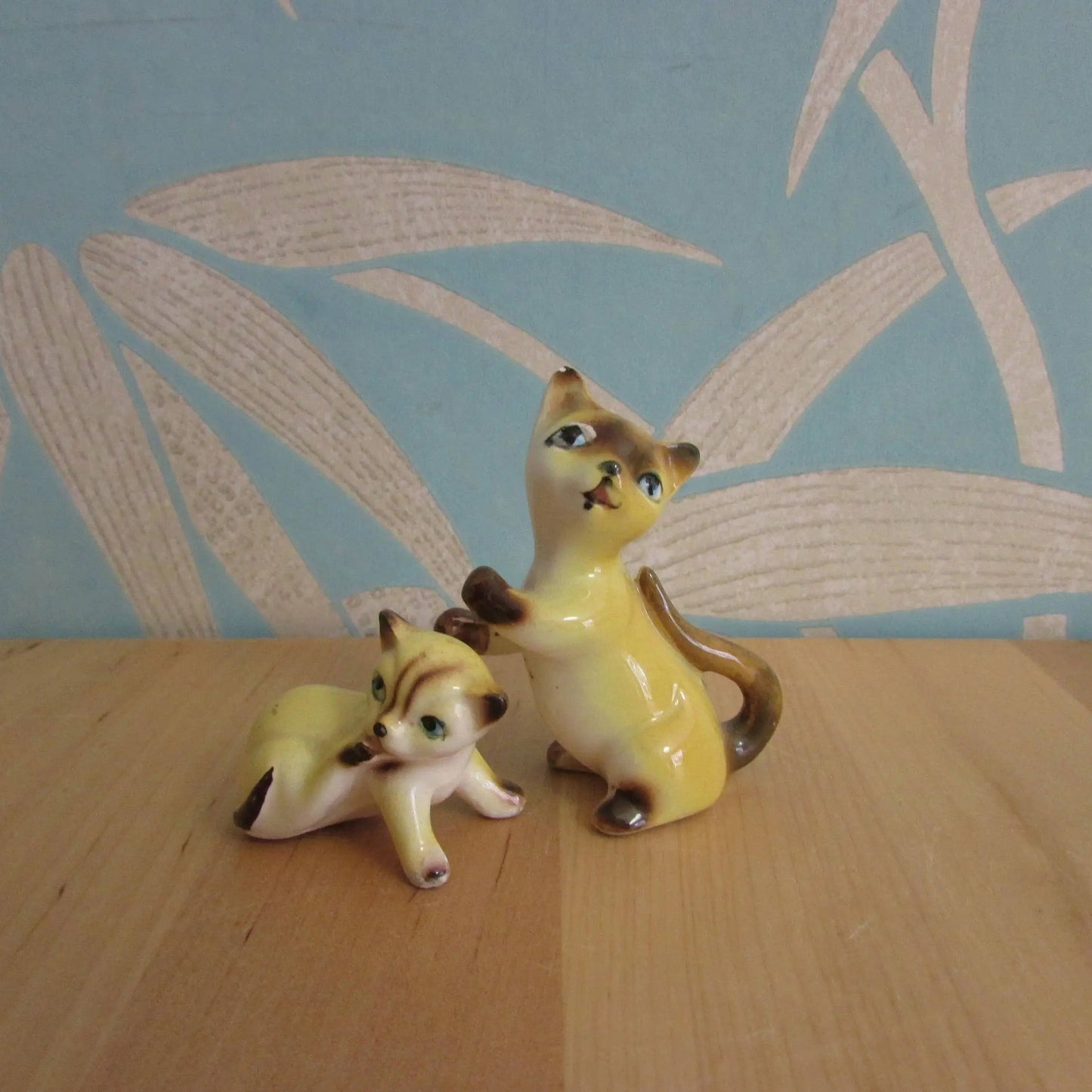 Pair of vintage Japanware ceramic playful kitten figurines