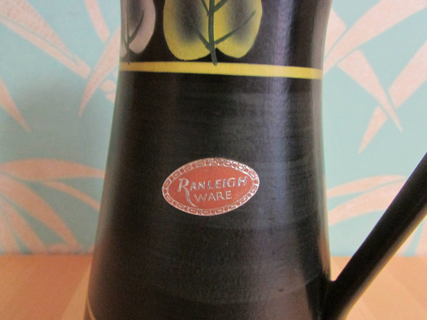 Vintage Ranleigh Ware Ercall black ceramic hand-painted pitcher/jug with contrast colour leaf print