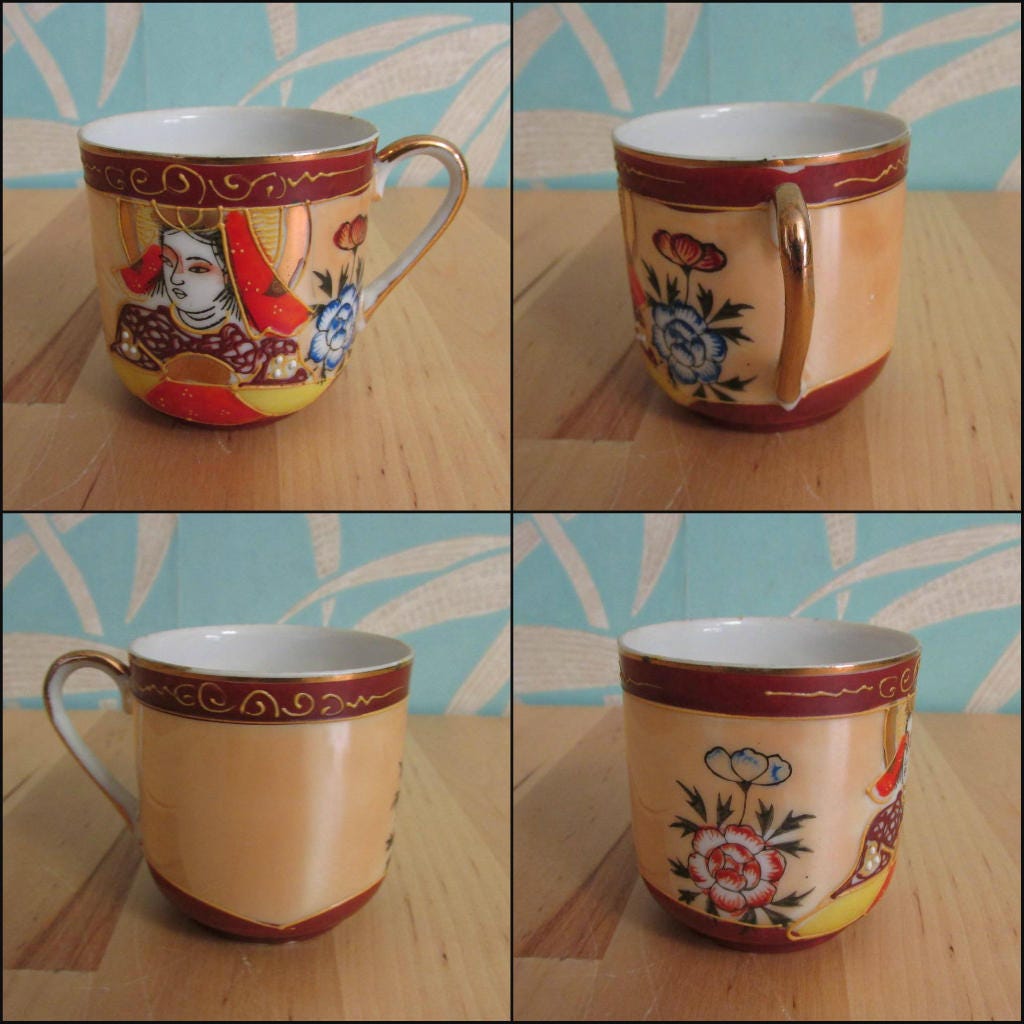 Delicate 1930s hand-painted Japanese Samurai tea set with koro