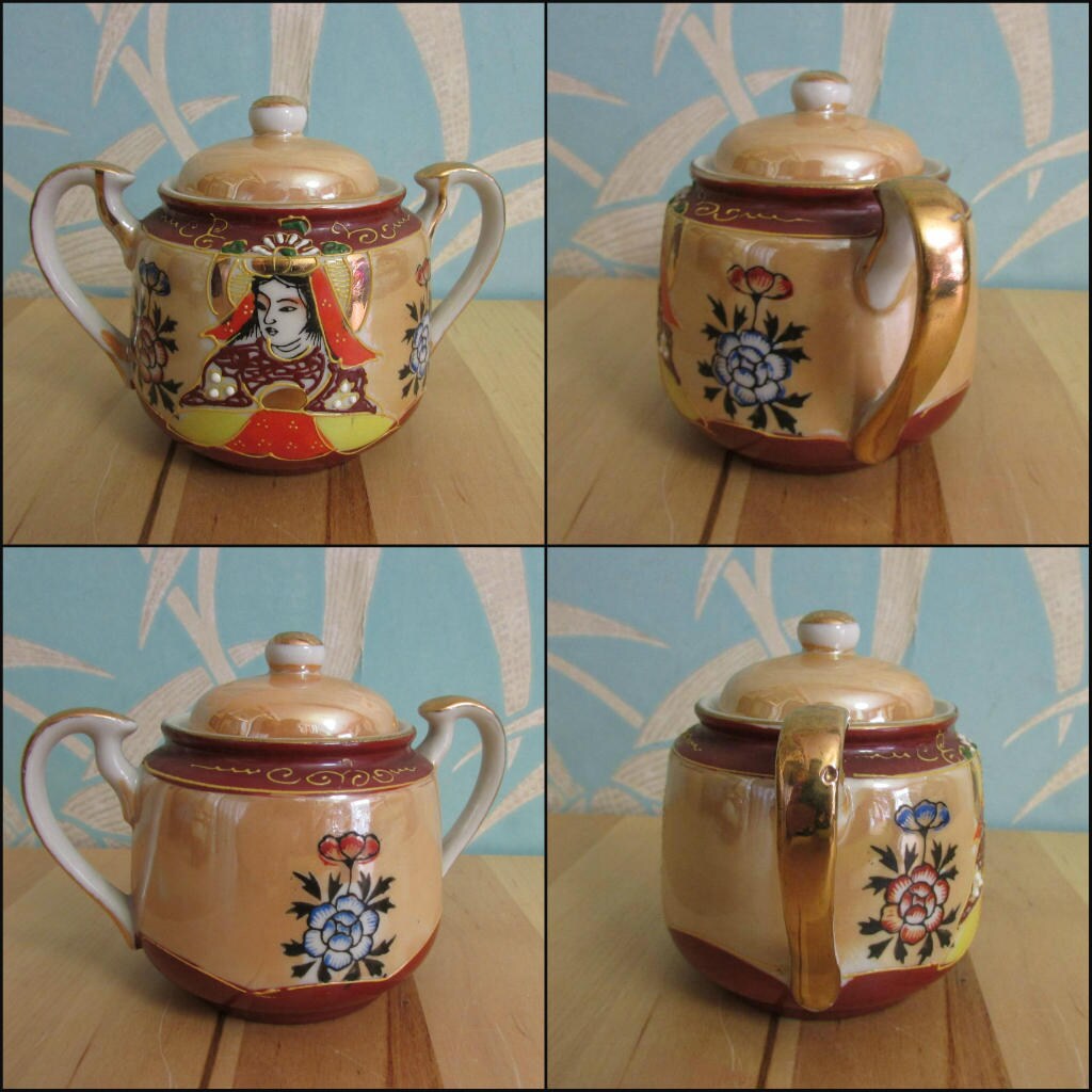 Delicate 1930s hand-painted Japanese Samurai tea set with koro