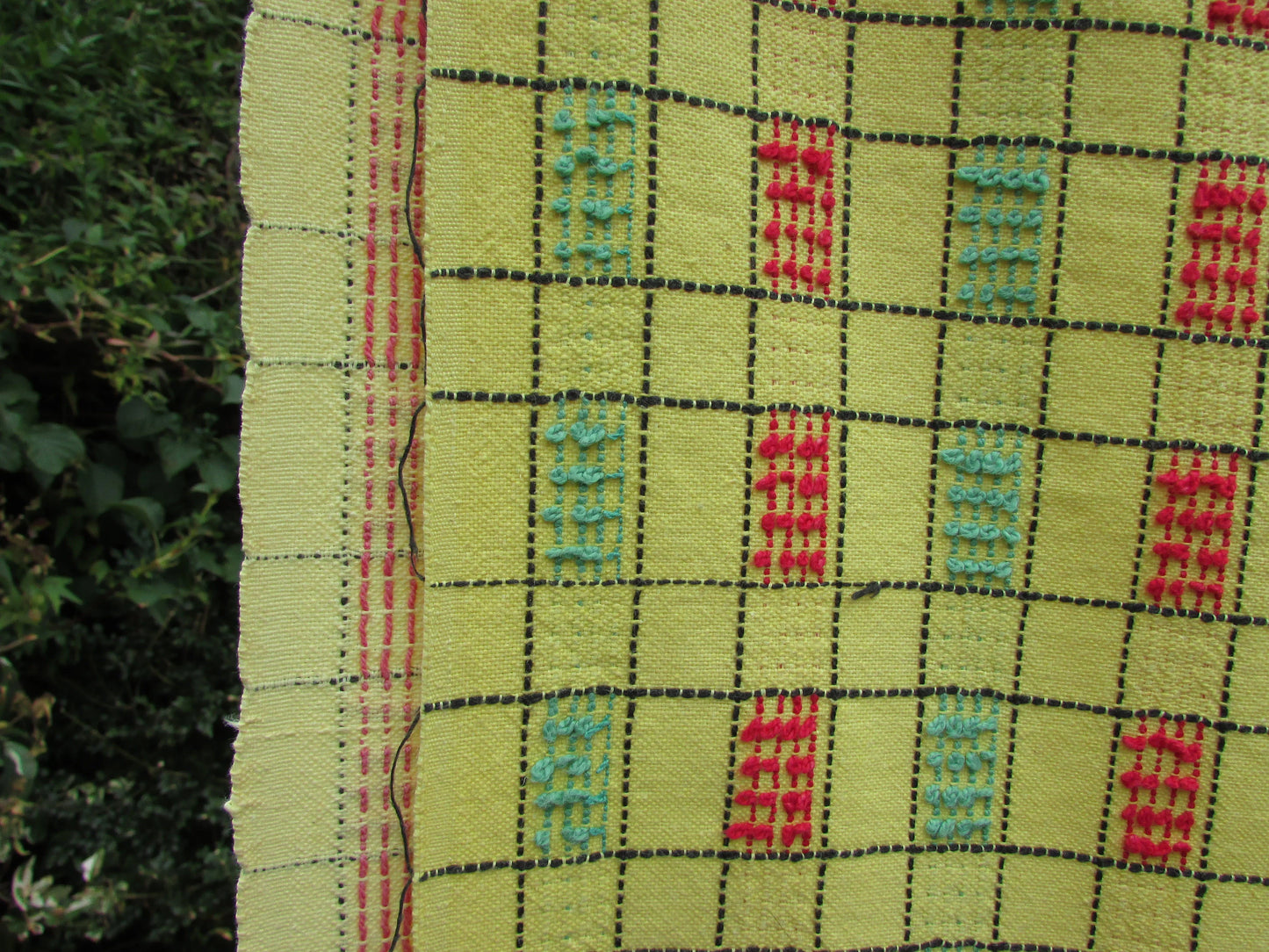 Pair of vintage yellow, green & red checked embroidered barkcloth curtains, 42" x 47"
