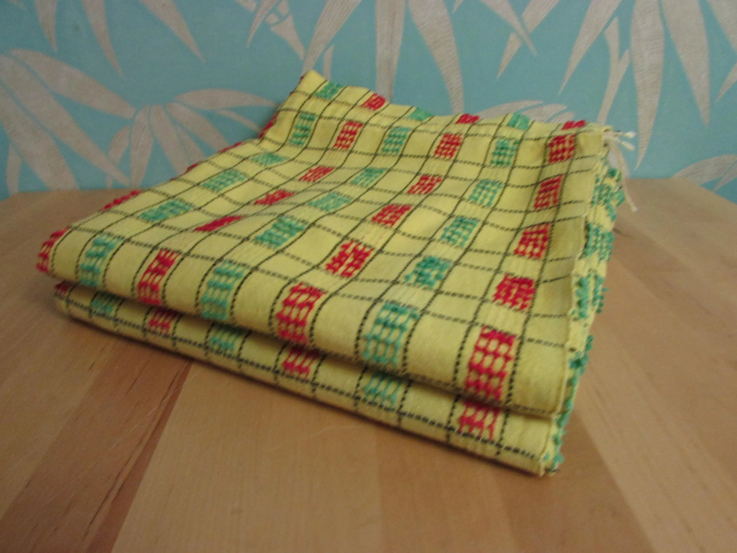 Pair of vintage yellow, green & red checked embroidered barkcloth curtains, 42" x 47"