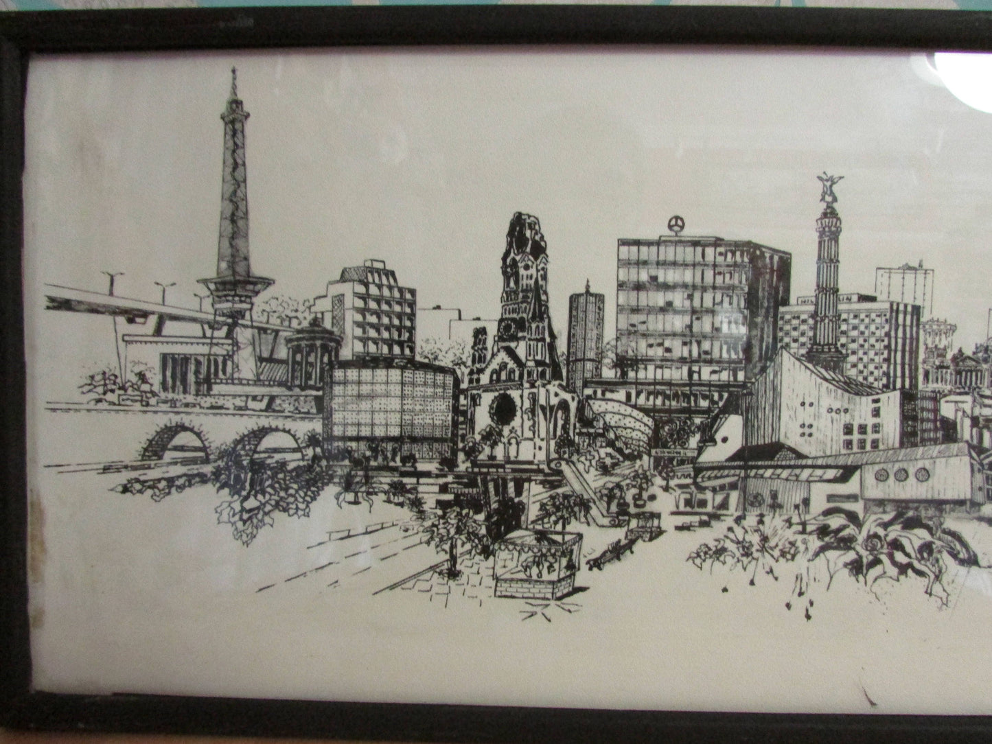 circa. 1960s framed architectural print of Berlin skyline, signed by artist