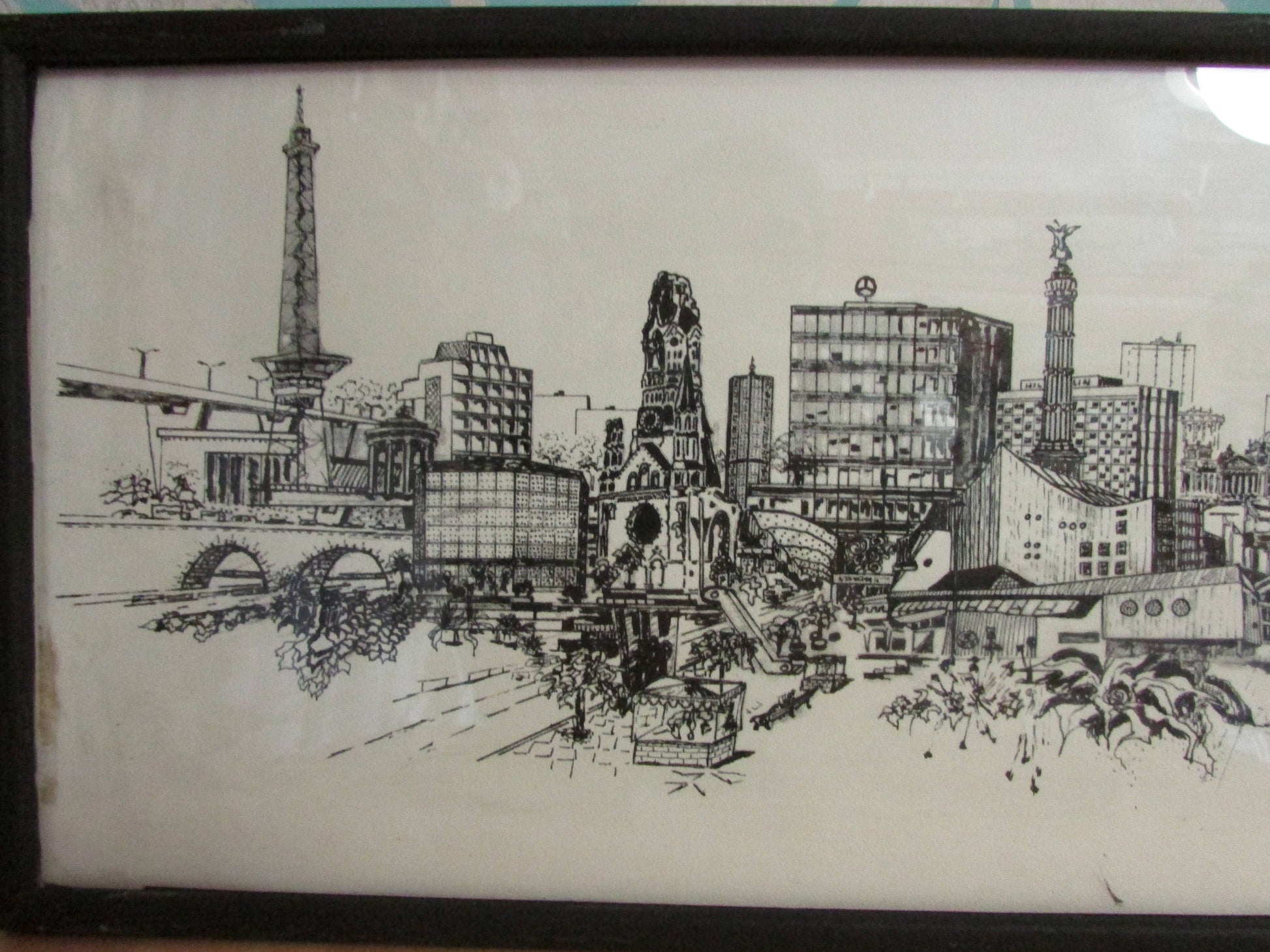 circa. 1960s framed architectural print of Berlin skyline, signed by artist