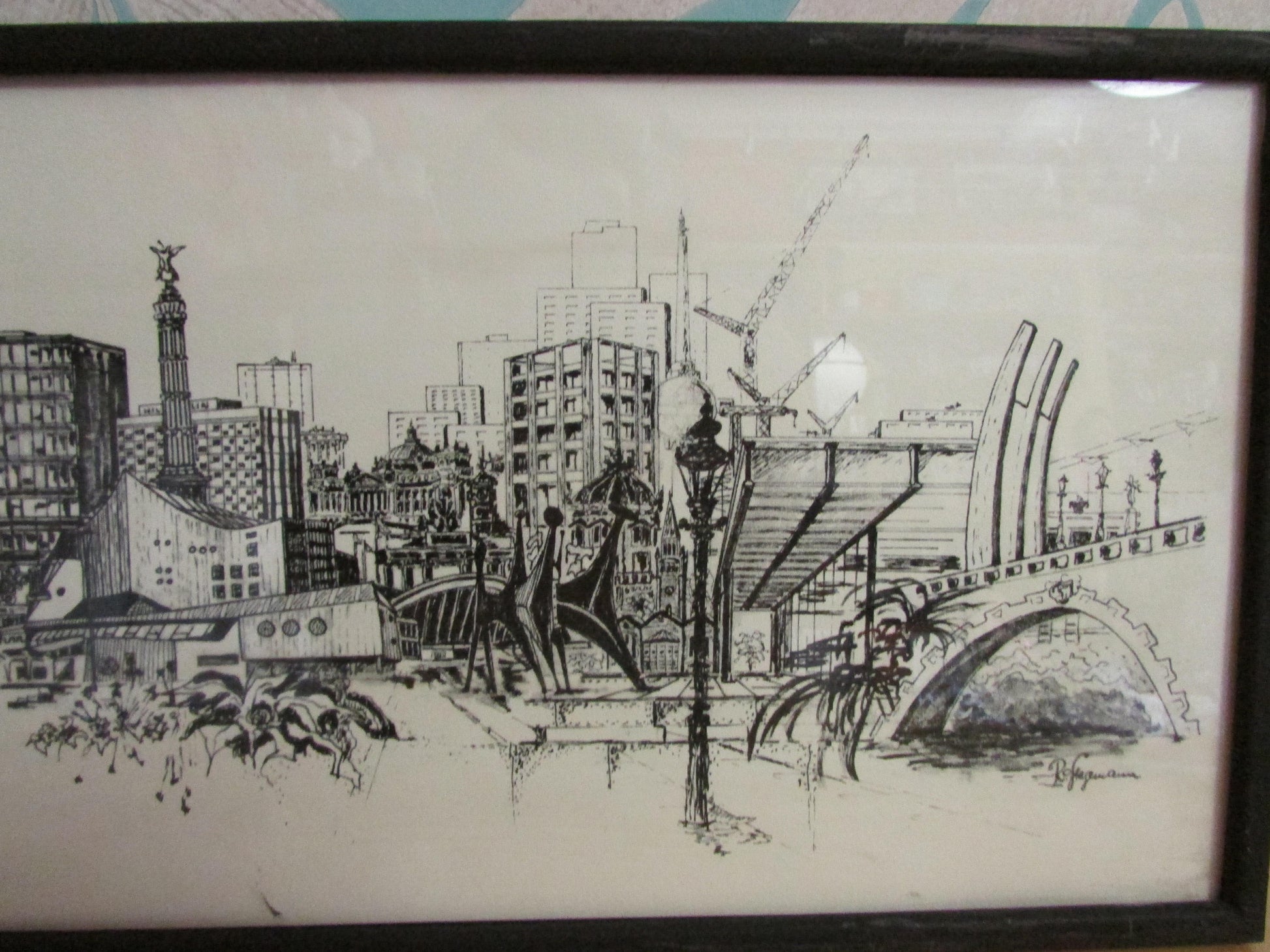 circa. 1960s framed architectural print of Berlin skyline, signed by artist