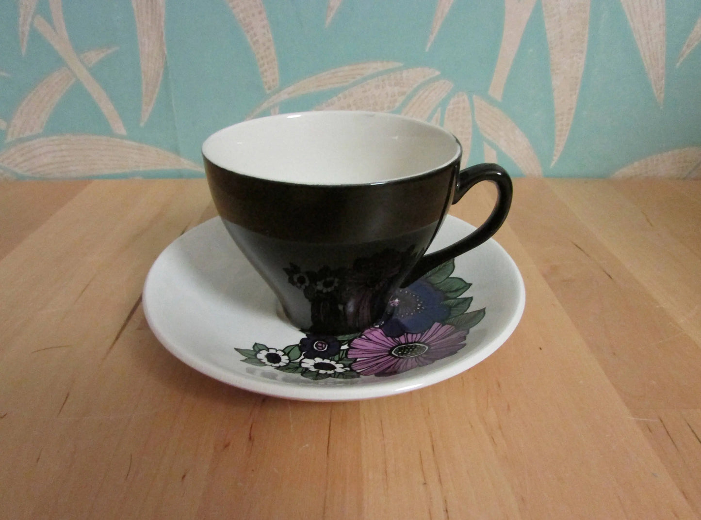 1960s/70s Cartwright & Edwards Ltd pink and purple floral patterned tea set, black cups