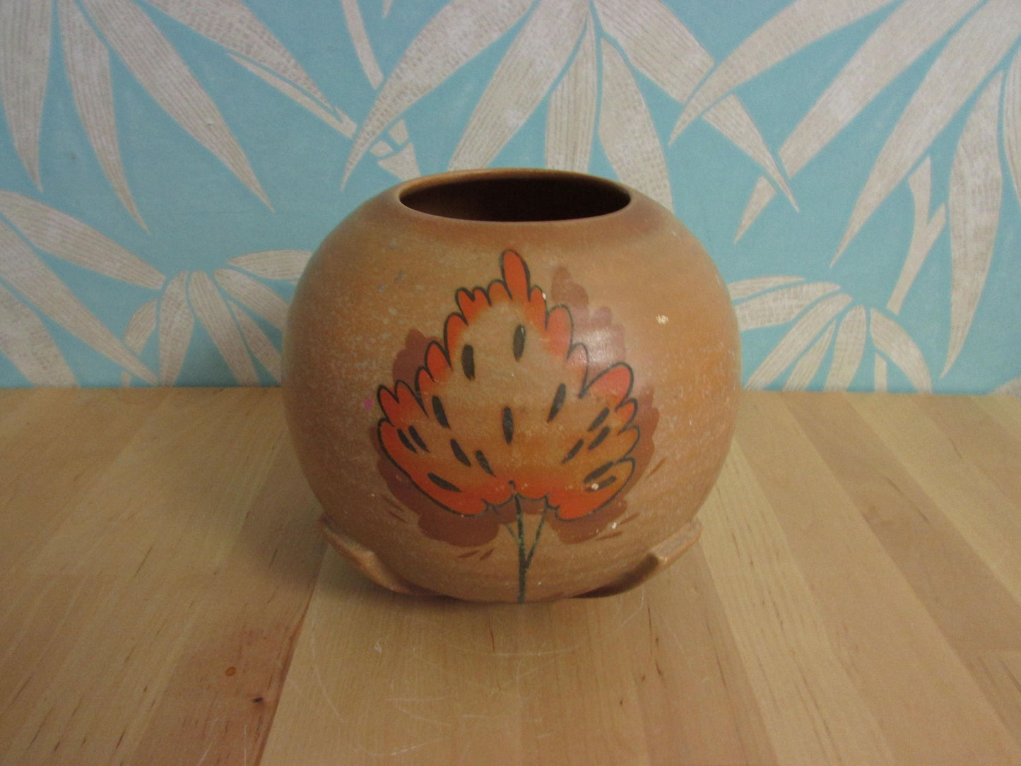 Art Deco Myott-style ceramic ribbed orb/ball vase, autumnal coloured tree detail