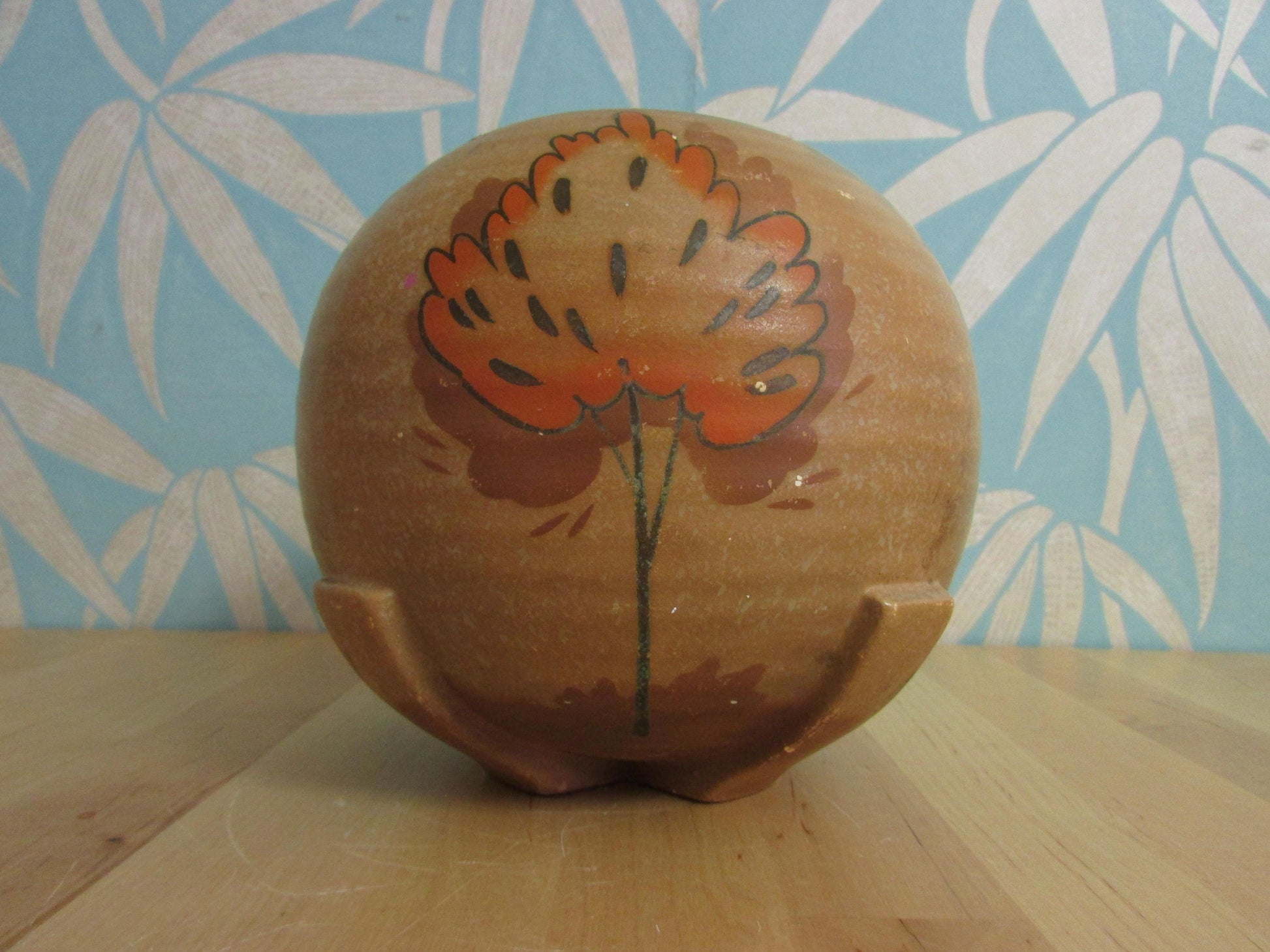 Art Deco Myott-style ceramic ribbed orb/ball vase, autumnal coloured tree detail